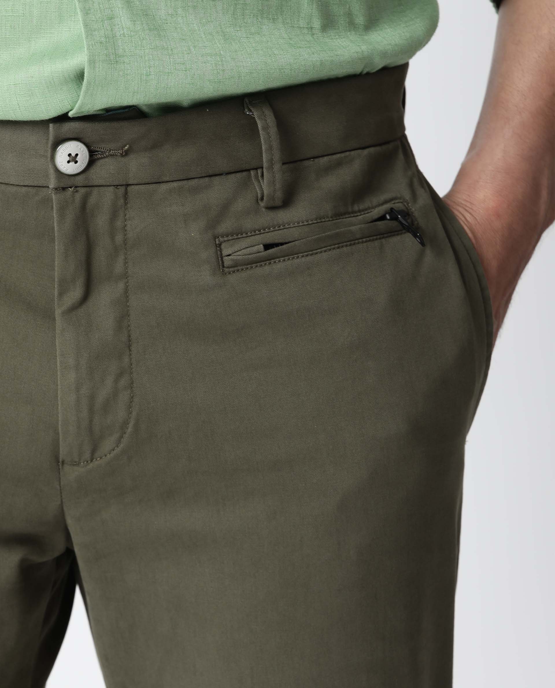 Rare Rabbit Men's Trews-1 Green Solid Mid-Rise Regular Fit Trouser