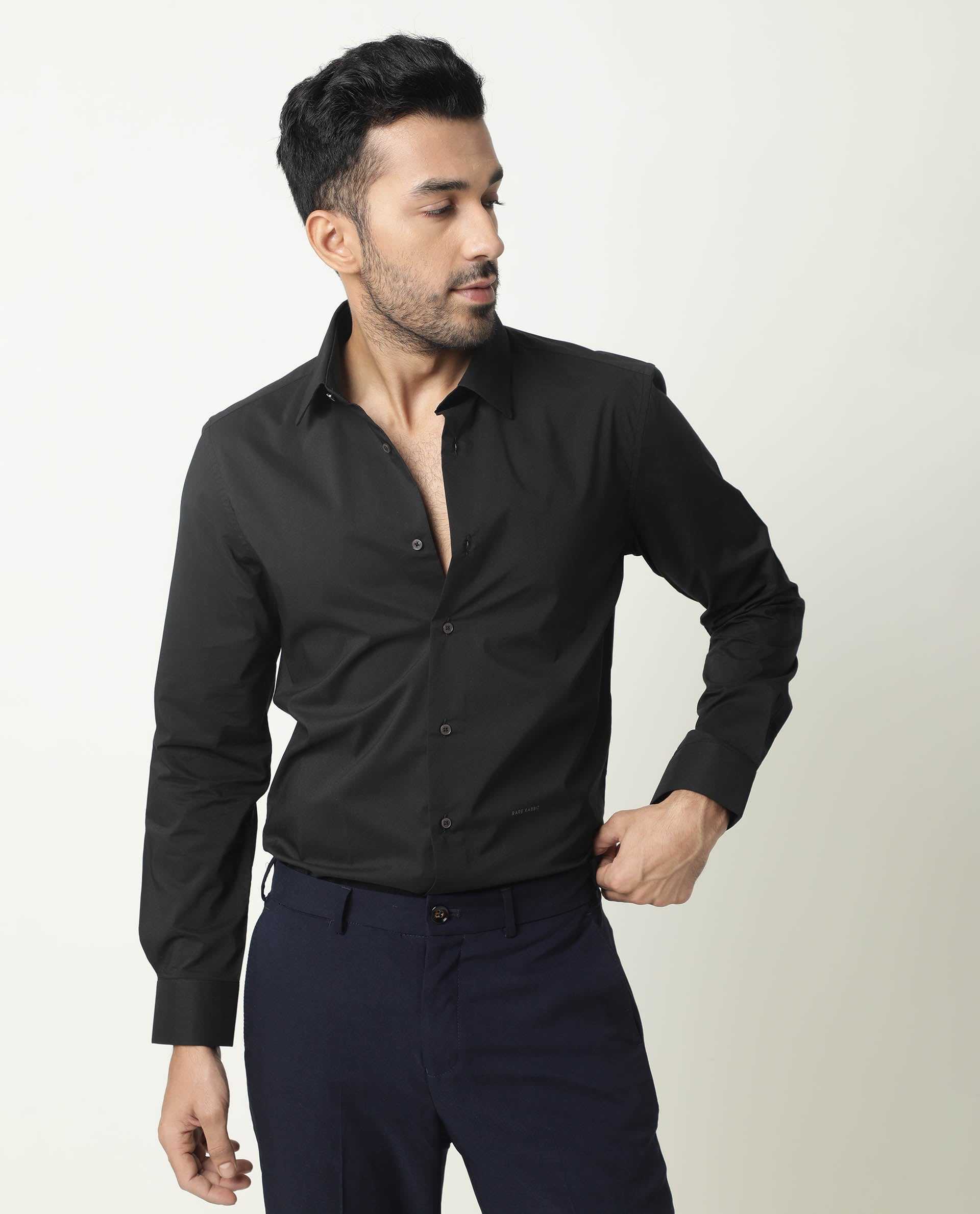 RARE RABBIT MEN'S NEUTRO LS BLACK SHIRT COTTON POLYESTER FABRIC COLLARED NECK FULL SLEEVES BUTTON CLOSURE SLIM FIT