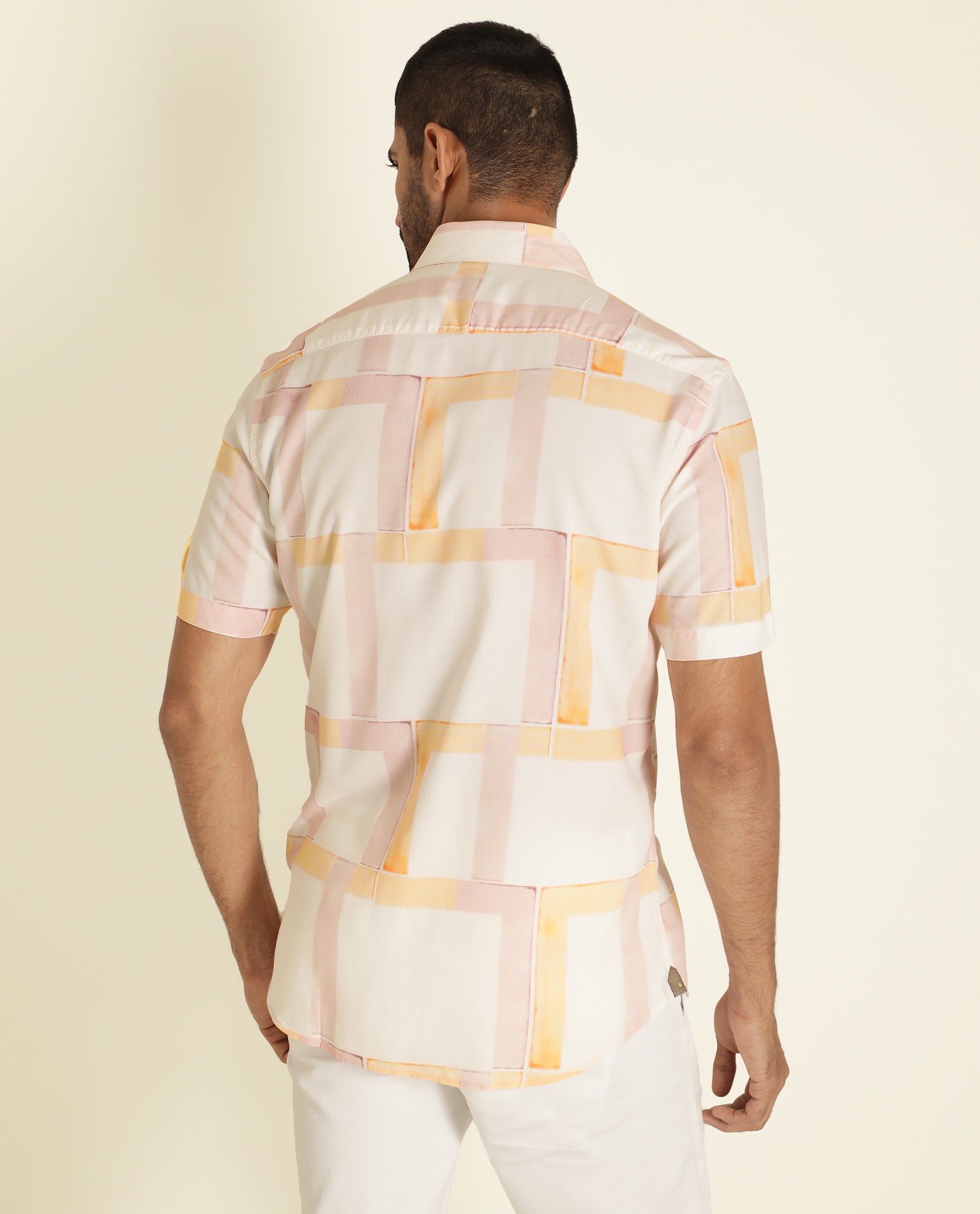 Rare Rabbit Men's Kexby White Viscose Fabric Abstract Print Half Sleeves Shirt