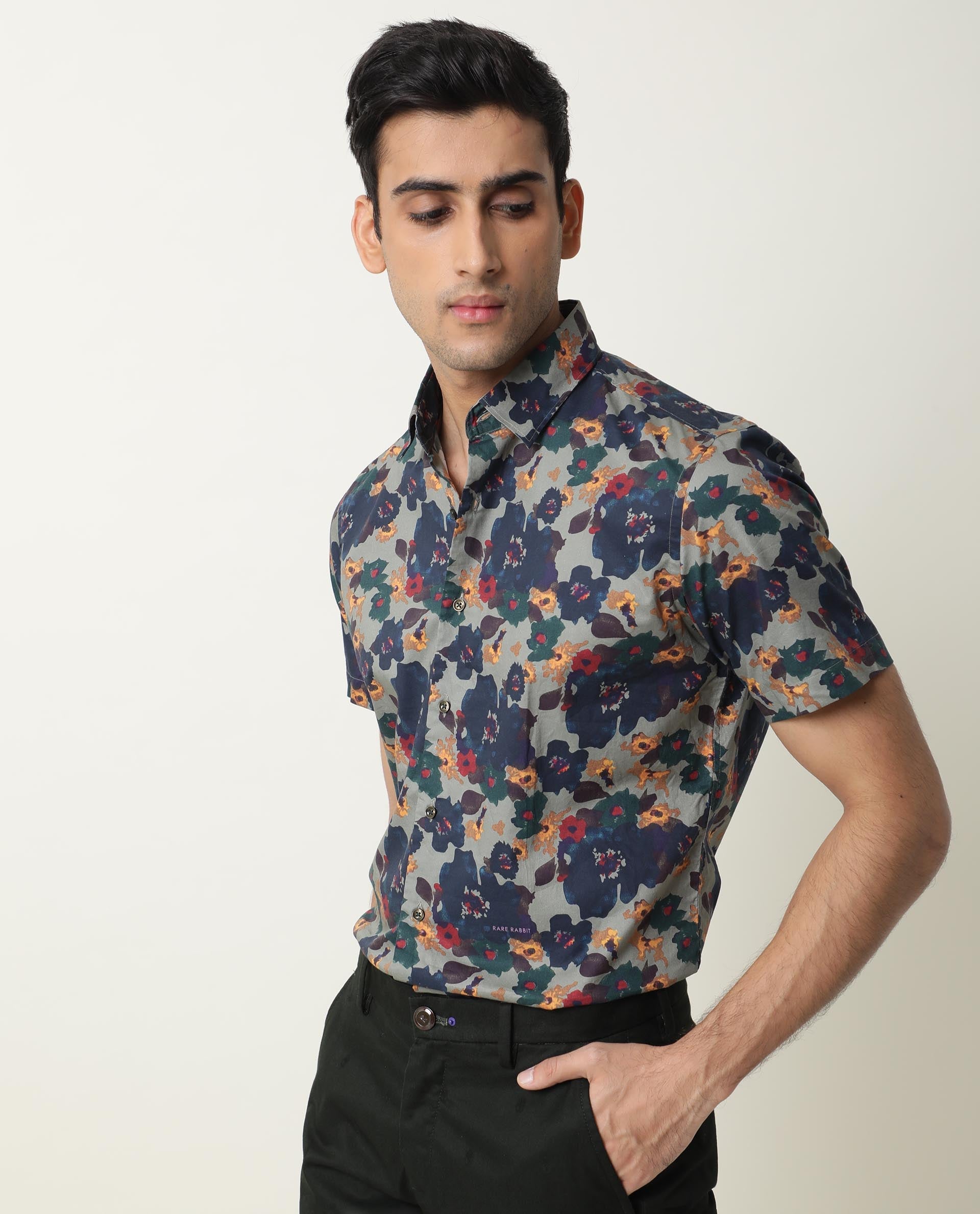 Rare Rabbit Men's Vishh Green Poplin Floral Printed Half Sleeves Shirt