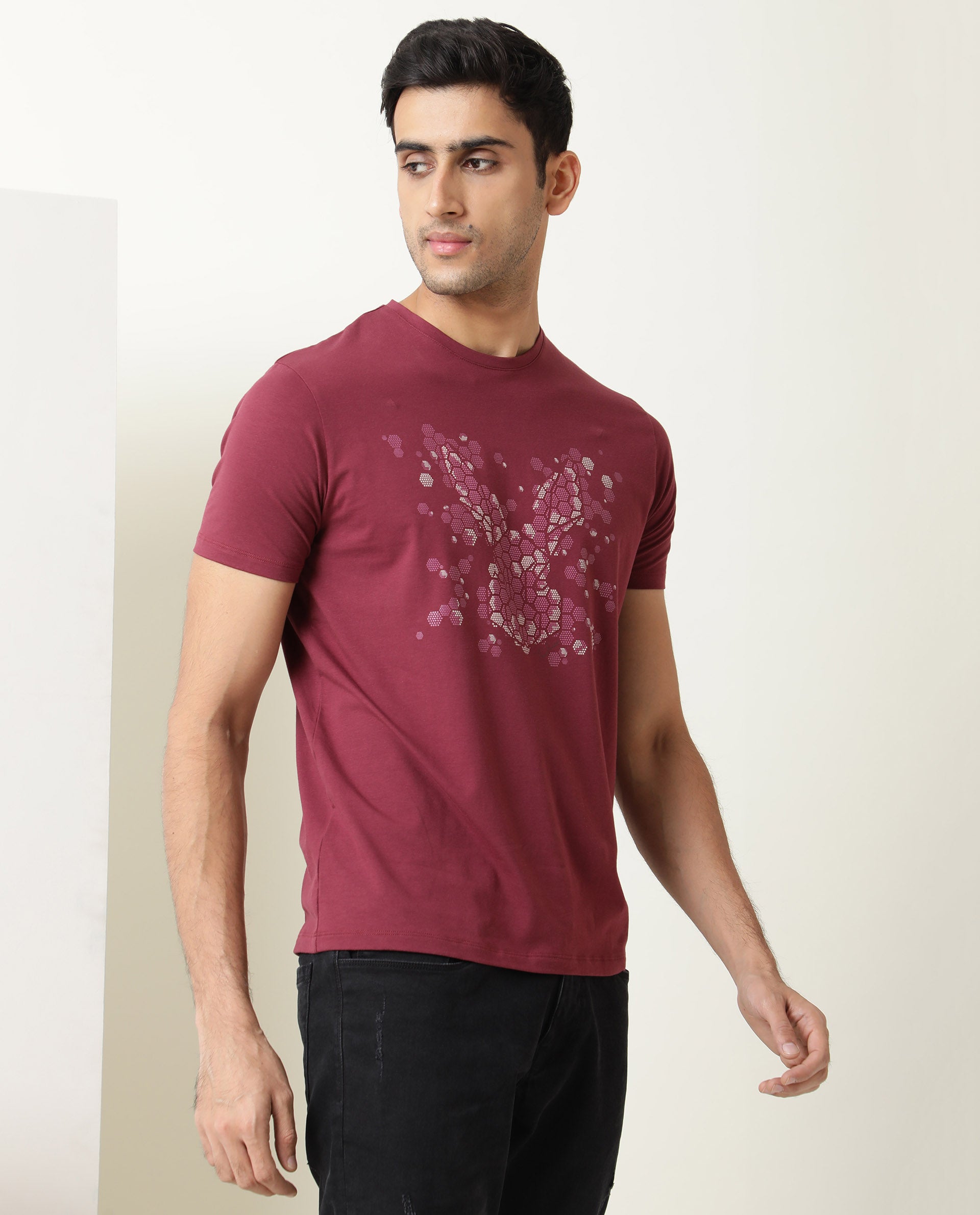 Rare Rabbit Men's Smokey Maroon Cotton Lycra Fabric Crew Neck Half Sleeves Regular Fit HD Printed Logo T-shirt