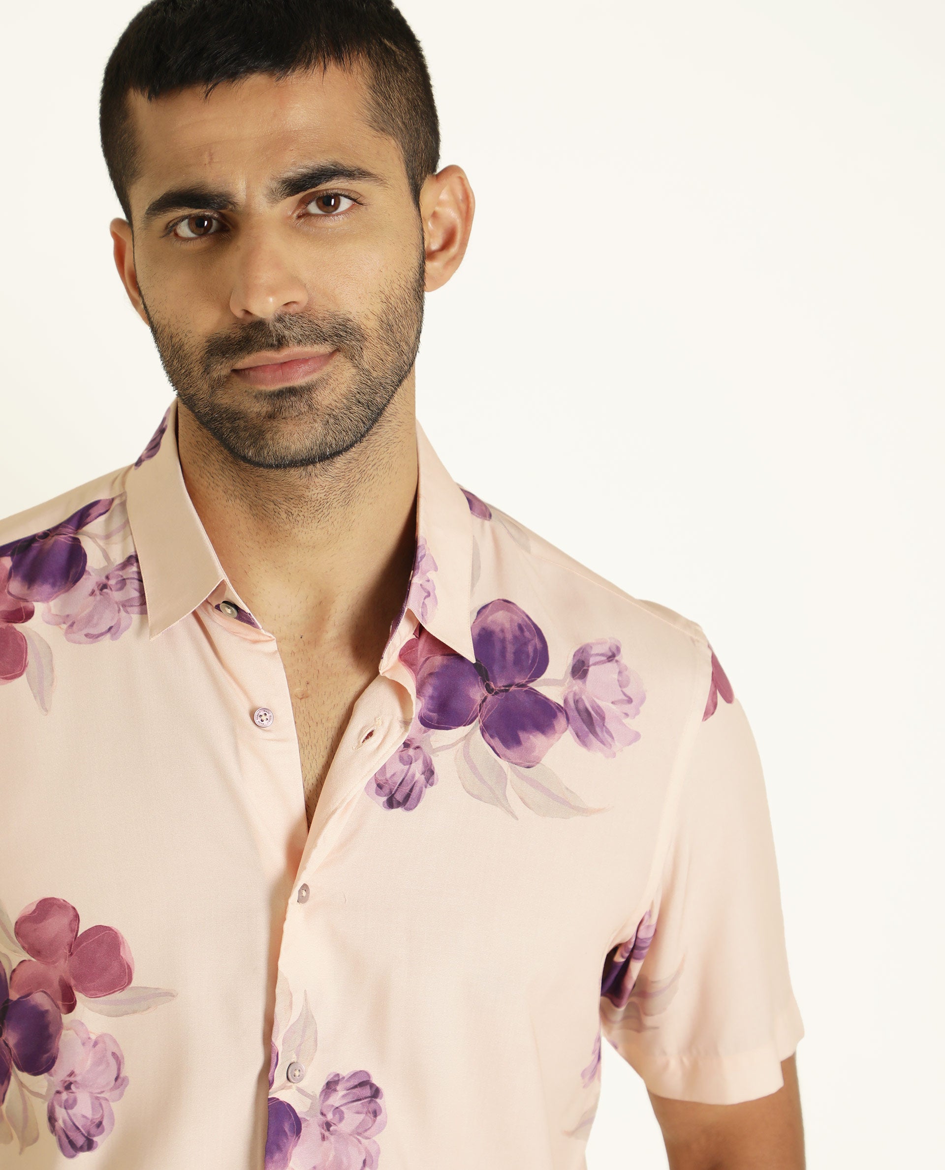 Rare Rabbit Men's Zion Beige Viscose Fabric Floral Print Half Sleeves Shirt