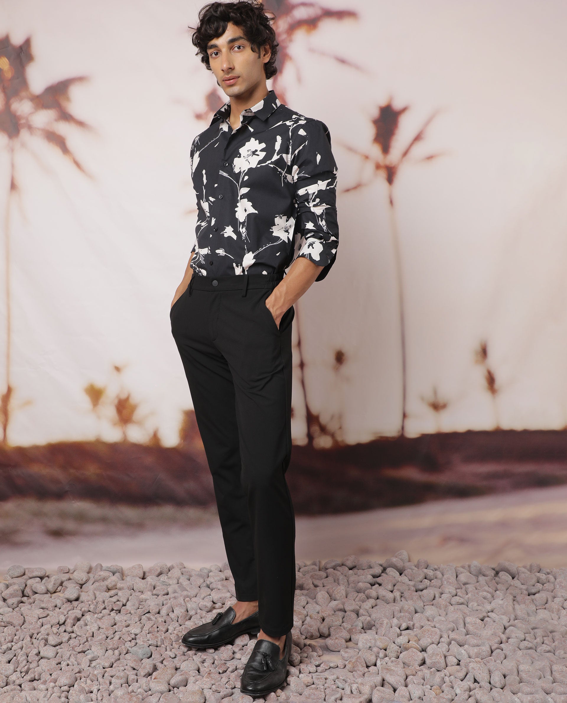 Rare Rabbit Men's Sketcherr Black Cotton Fabric Floral Print Full Sleeves Shirt