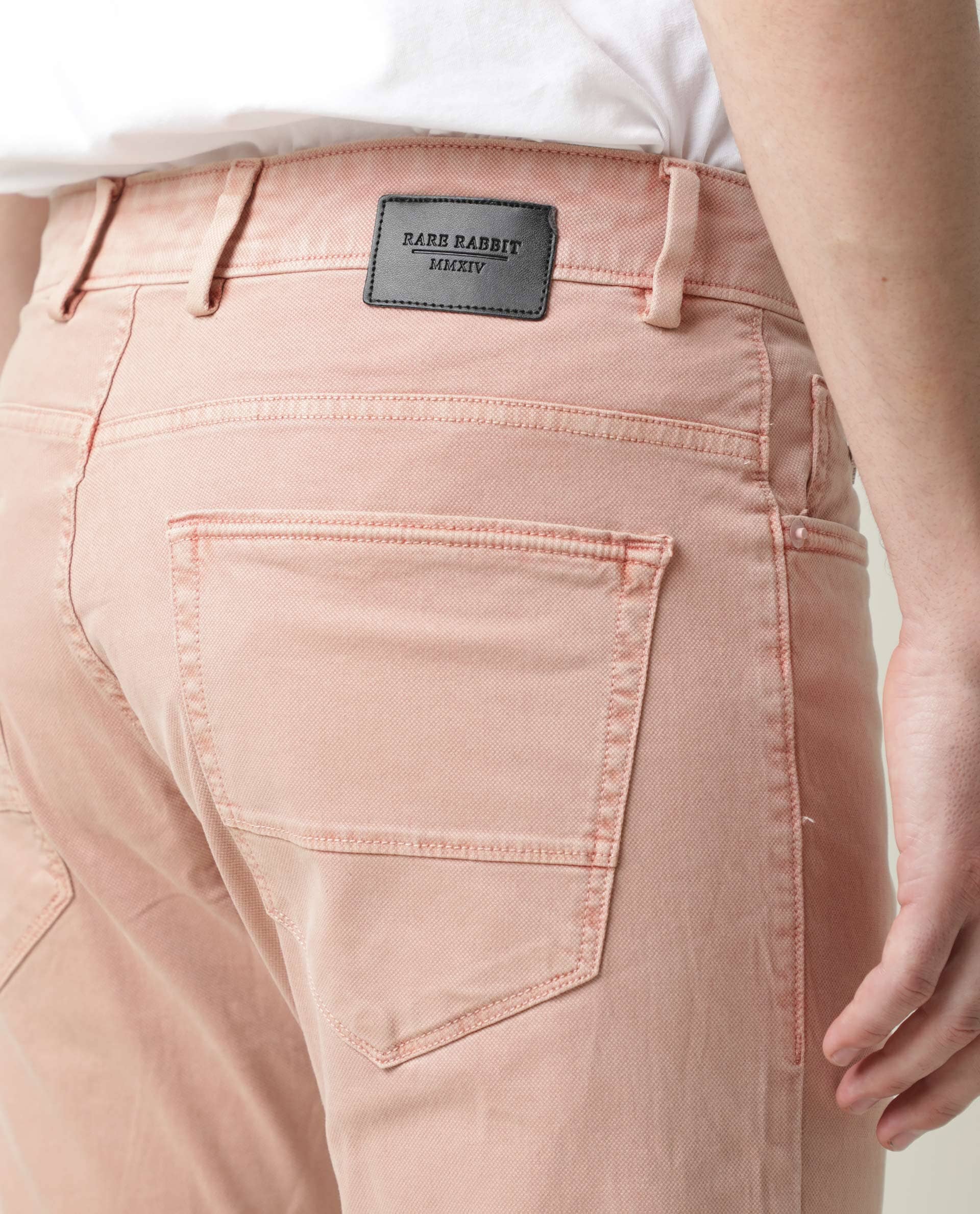 RARE RABBIT FIV5 PRIMARY PINK TROUSER COTTON ELASTANE FABRIC SLIM FIT BUTTON & ZIP CLOSURE