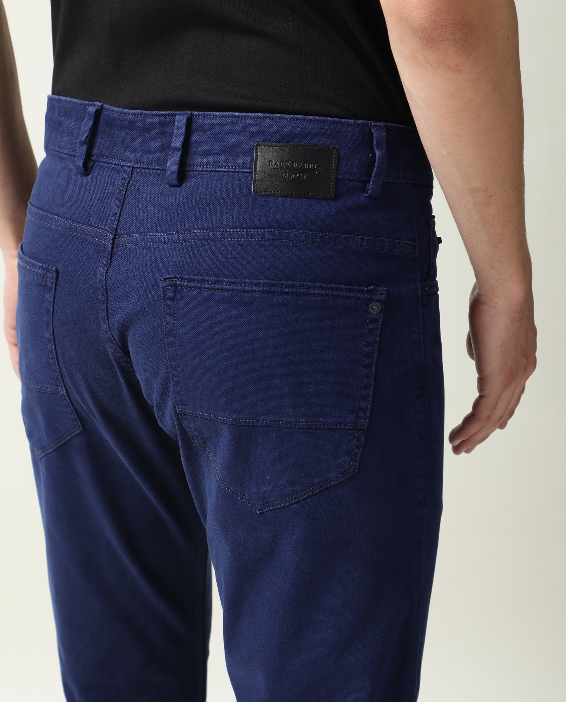 Rare Rabbit Men's Fiv5 Blue Solid Mid-Rise Slim Fit Trouser