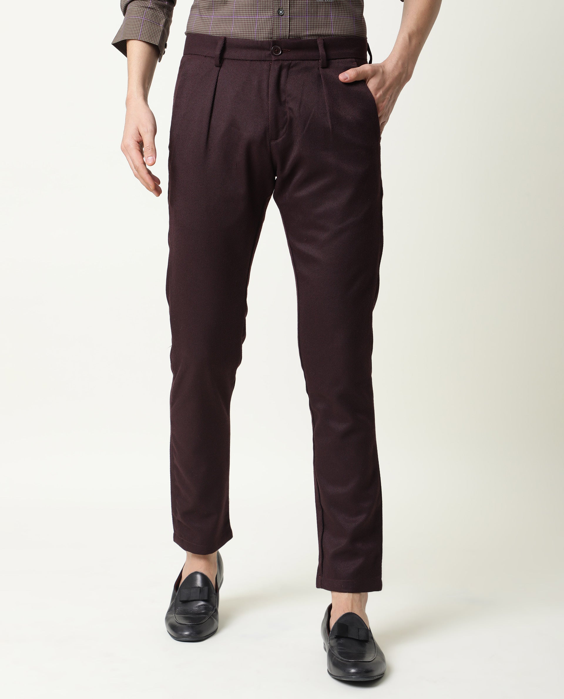 Rare Rabbit Men's Edit Dark Maroon Poly Viscose Fabric Slim Fit Button & Zip Closure Trouser