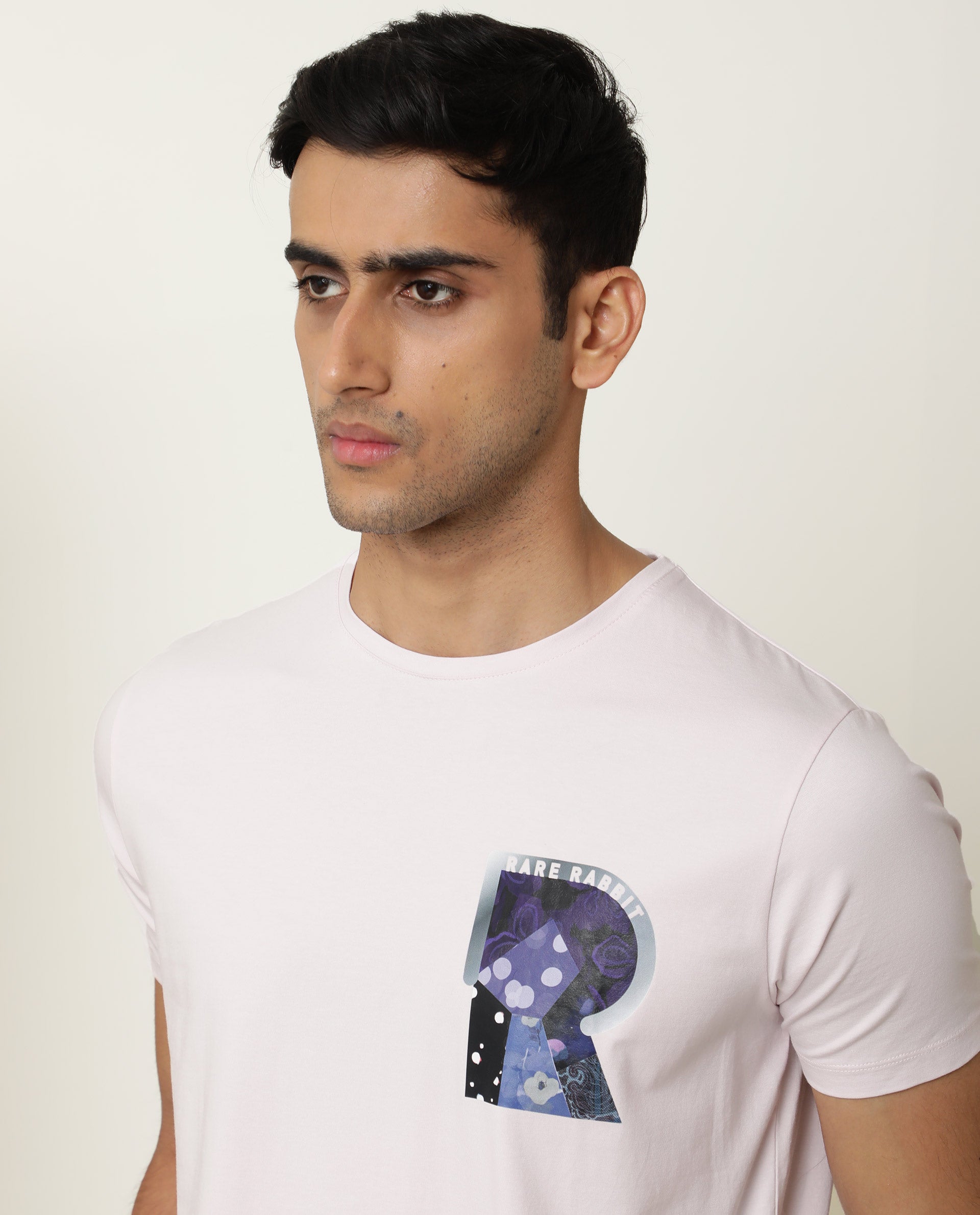 Rare Rabbit Men's Roseta Pink Cotton Lycra Fabric Crew Neck Half Sleeves Regular Fit Abstract Graphic Print T-shirt