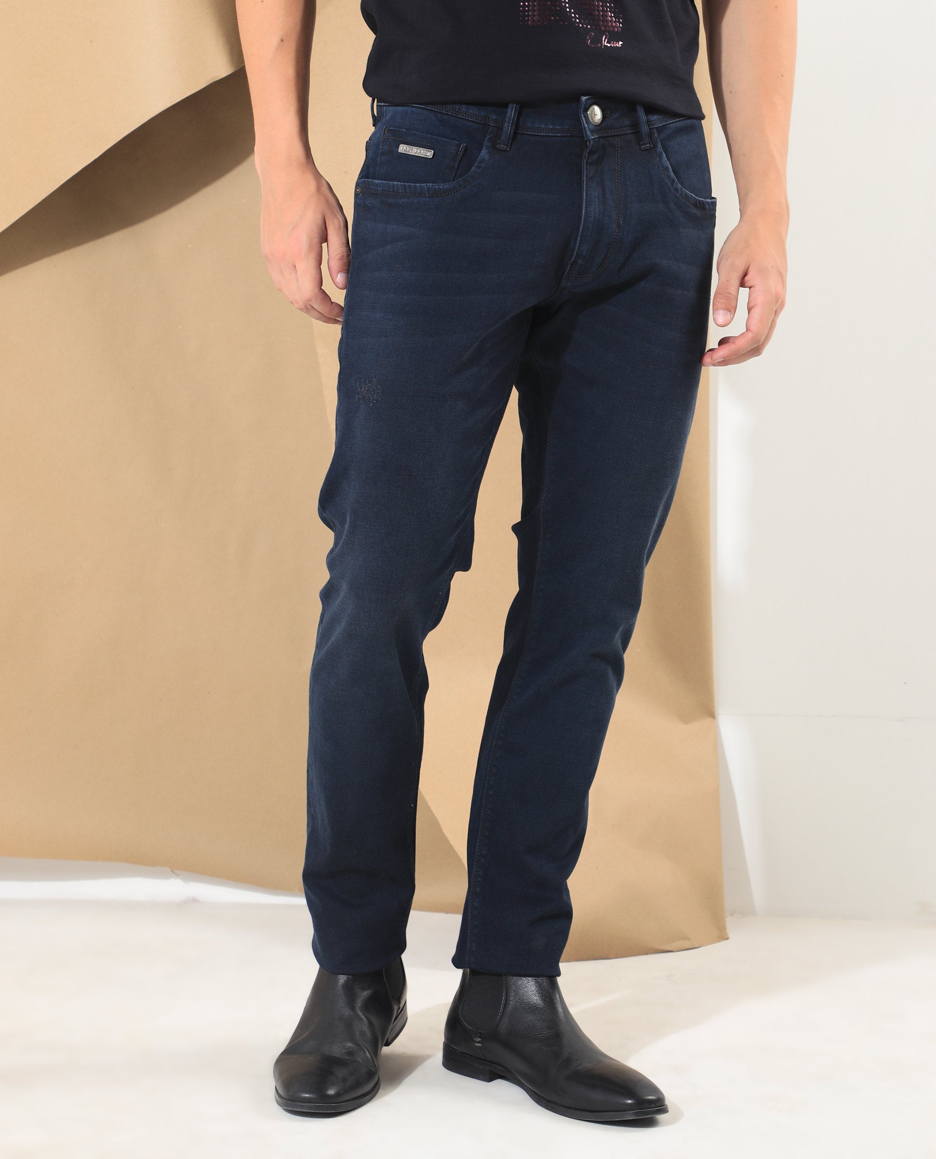 Rare Rabbit Men's Bray Blue Dark Wash Mid-Rise Slim Fit Jeans