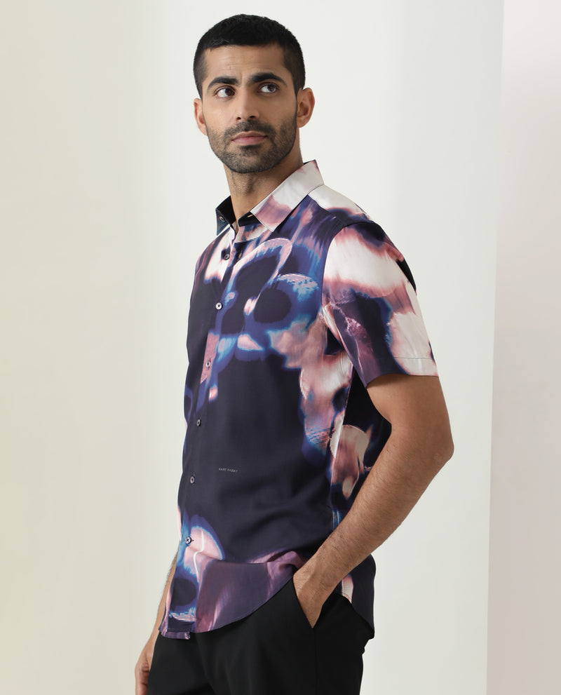 Rare Rabbit Men's Torio Navy Viscose Fabric Abstract Floral Print Half Sleeves Shirt