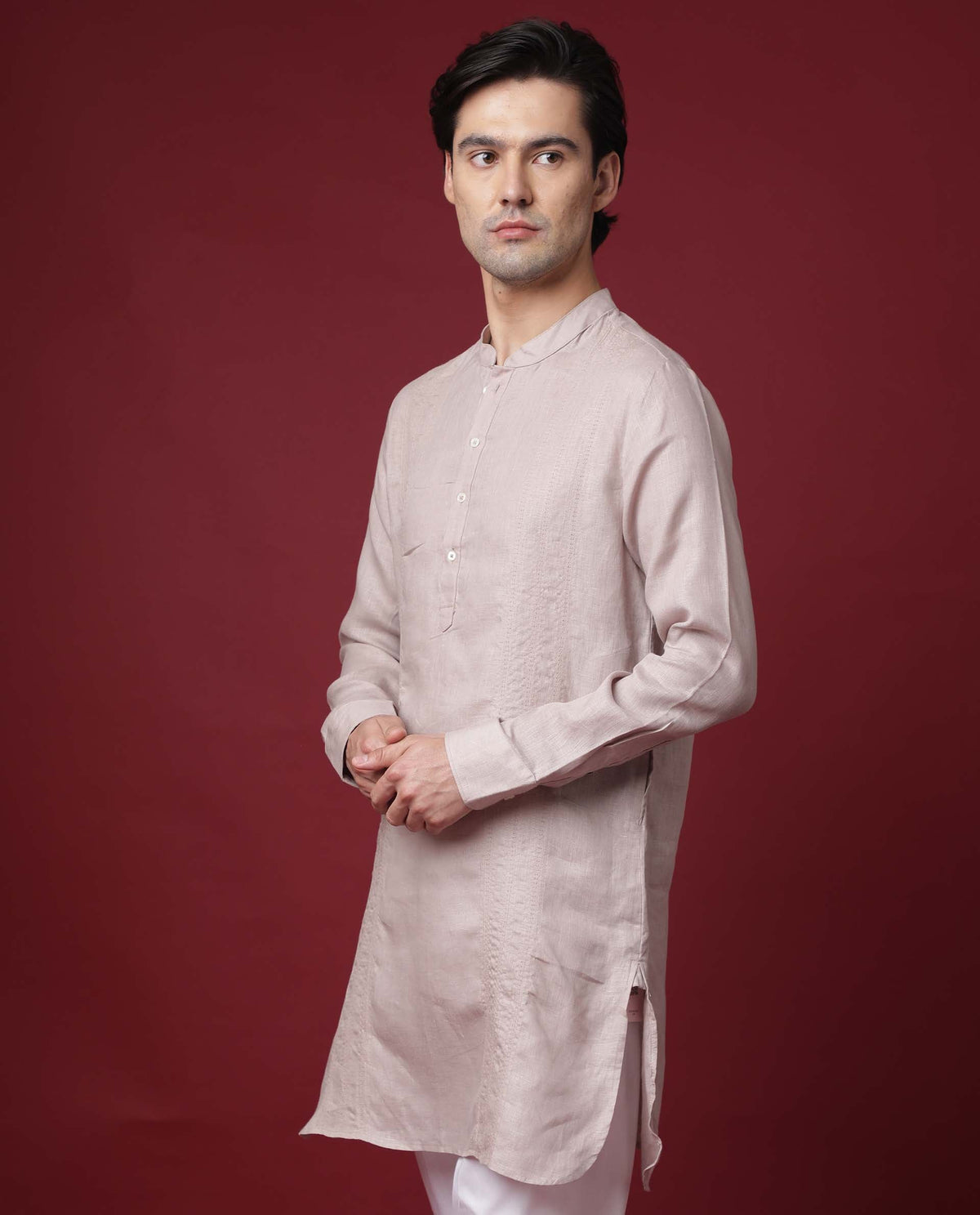 Rare Rabbit President Primary Beige  Linen Fabric Full Sleeve Mandarin Collar Slim Fit Kurta