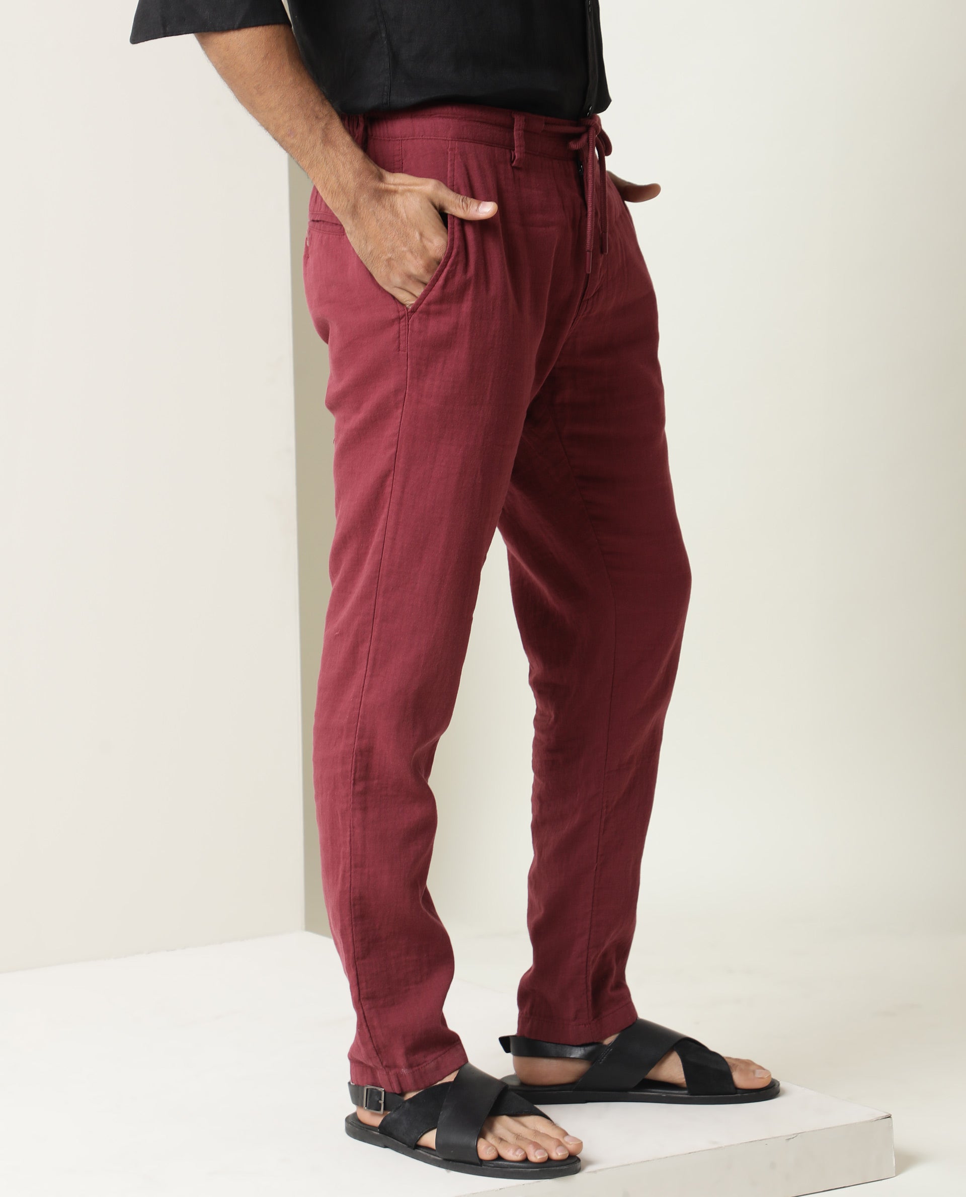 Rare Rabbit Men's Pastor Dark Red Solid Mid-Rise With Drawstring And Elastic Waistband Regular Fit Trouser