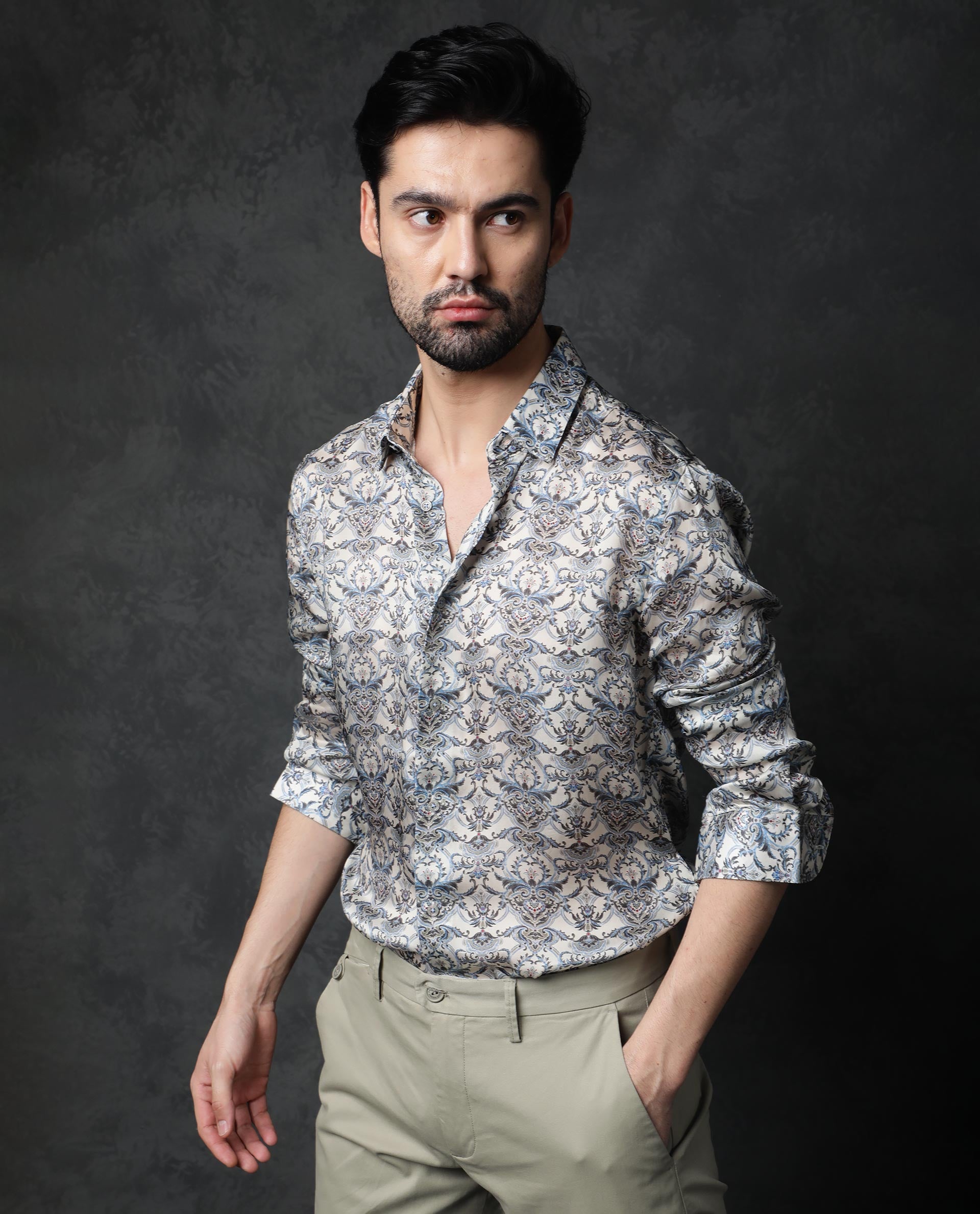 Rare Rabbit Men's Montor Beige Satin Abstract Print Full Sleeves Shirt