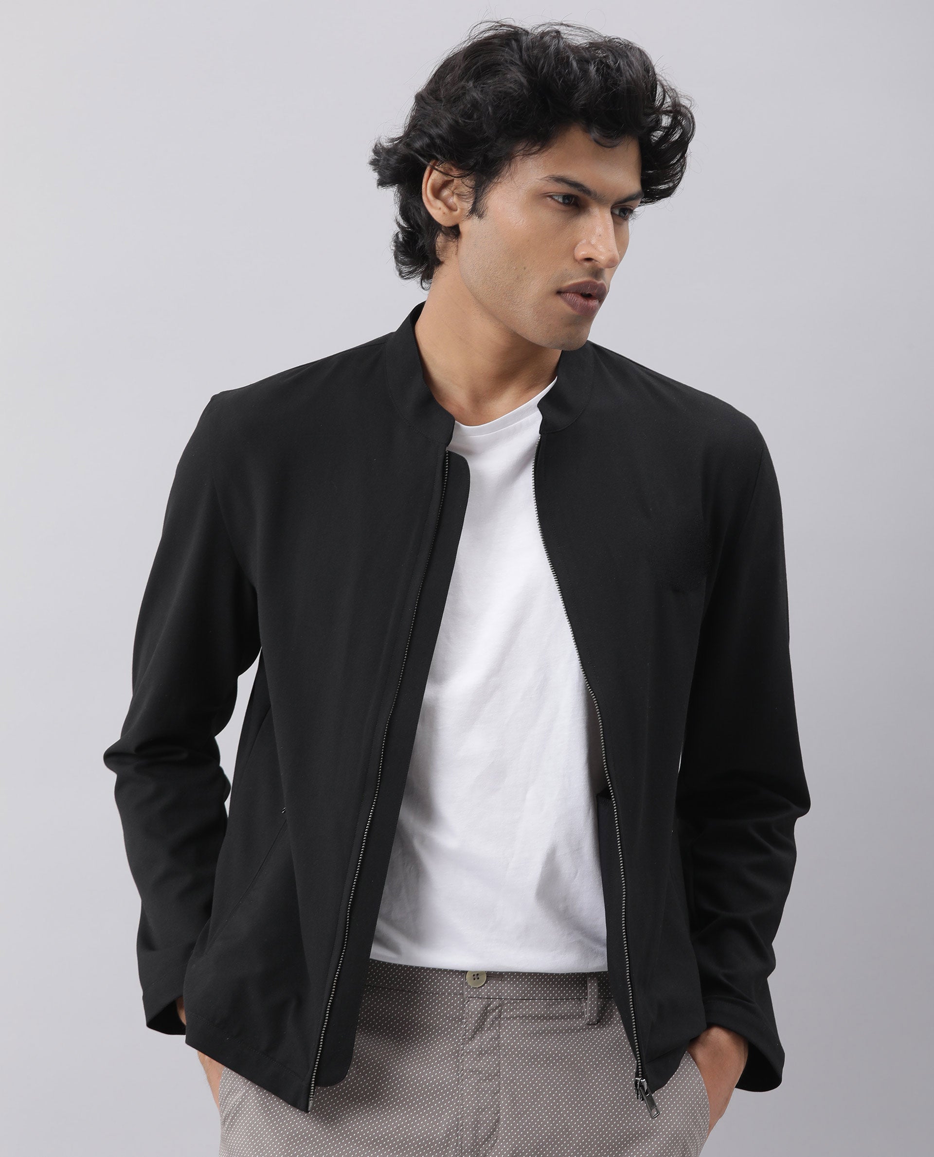 RARE RABBIT MEN'S SIGN-2 BLACK JACKET POLYESTER VISCOSE FABRIC MANDARIN COLLAR FULL SLEEVES ZIPPER CLOSURE SLIM FIT