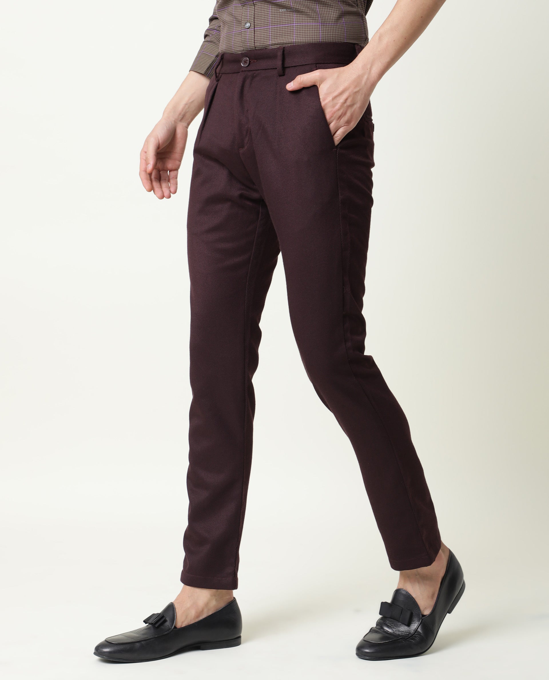 Rare Rabbit Men's Edit Dark Maroon Poly Viscose Fabric Slim Fit Button & Zip Closure Trouser