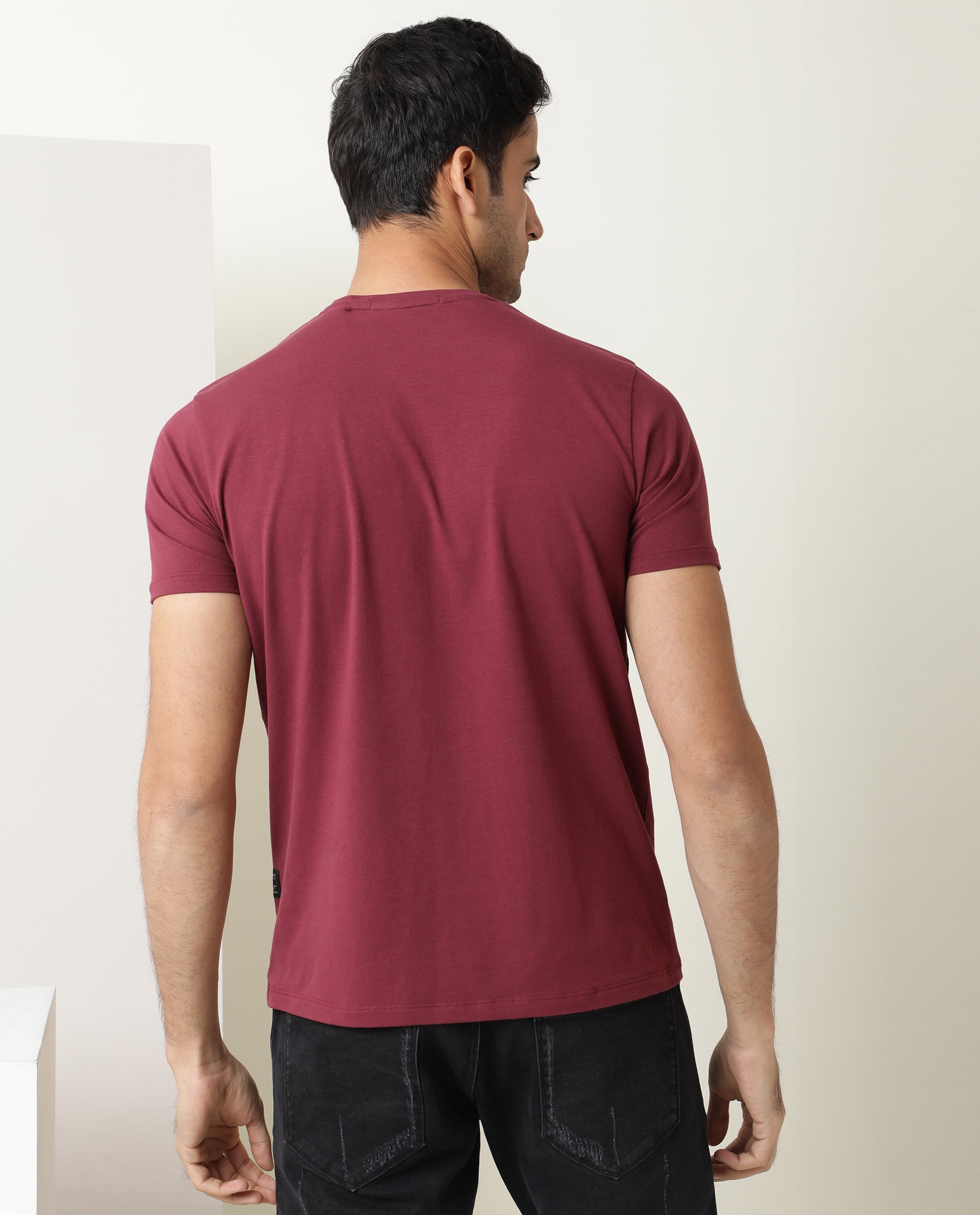 Rare Rabbit Men's Smokey Maroon Cotton Lycra Fabric Crew Neck Half Sleeves Regular Fit HD Printed Logo T-shirt