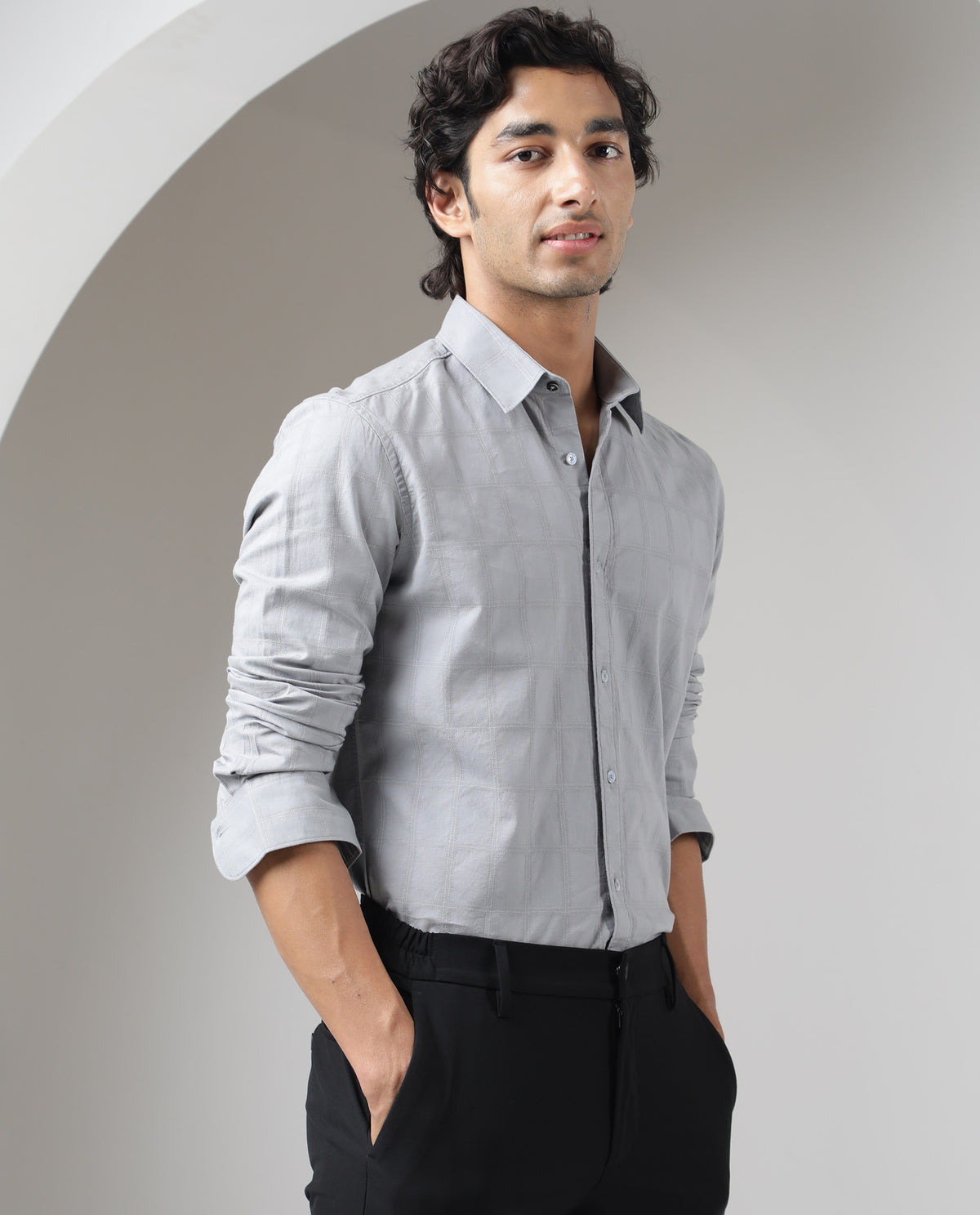 RARE RABBIT MEN'S HECKER GREY SHIRT COTTON FABRIC COLLARED NECK FULL SLEEVES BUTTON CLOSURE