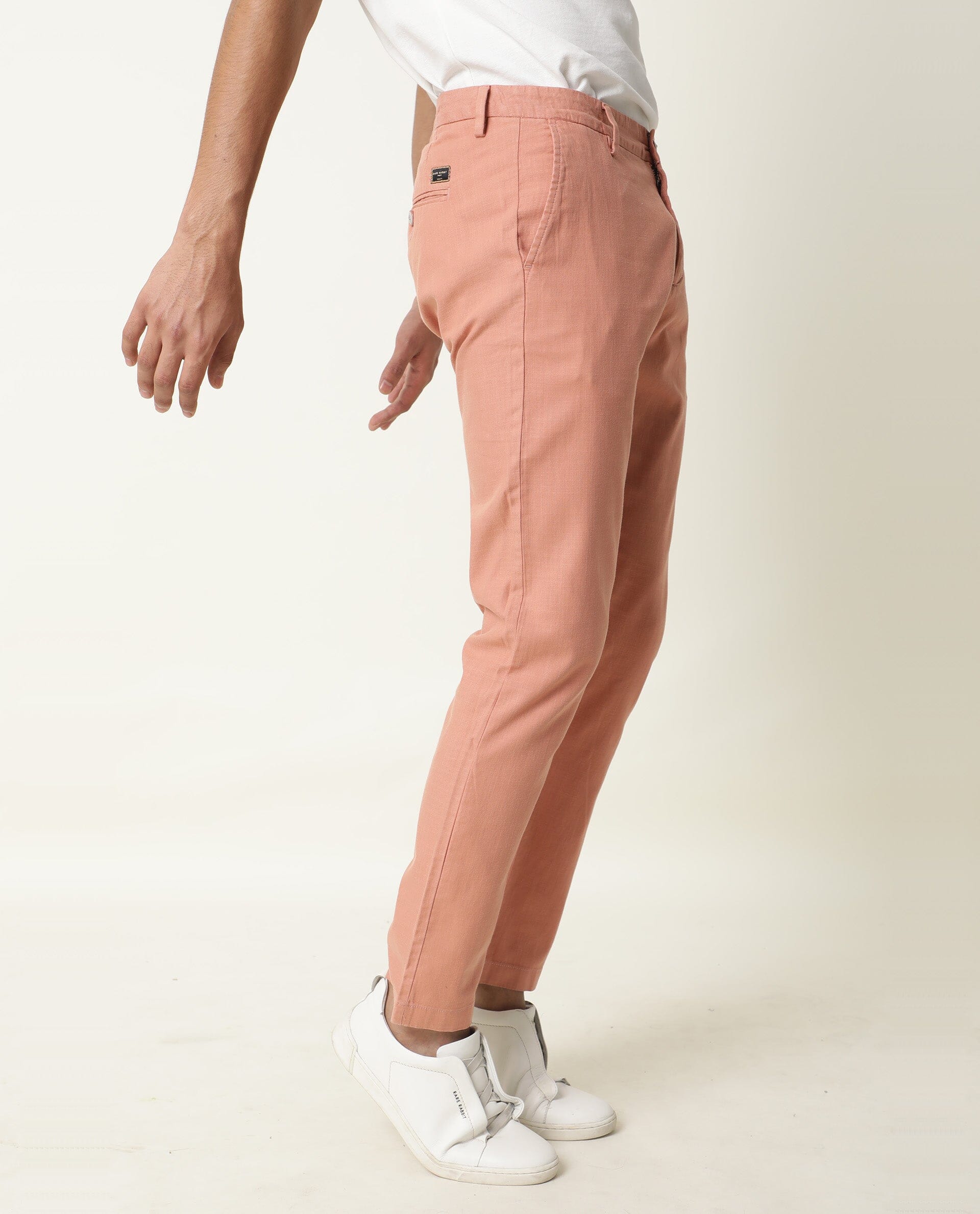 Rare Rabbit Men's Corn Pink Solid Mid-Rise Regular Fit Stretch Trouser