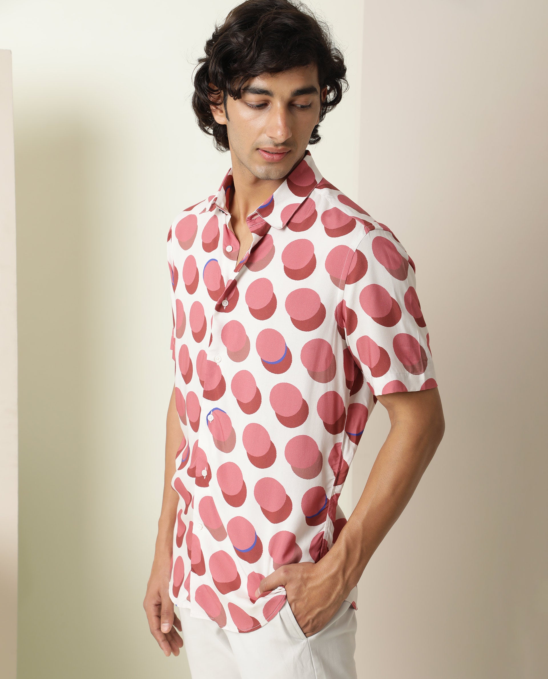 Rare Rabbit Men's Sandet Off White Viscose Fabric Geometric Print Half Sleeves Shirt