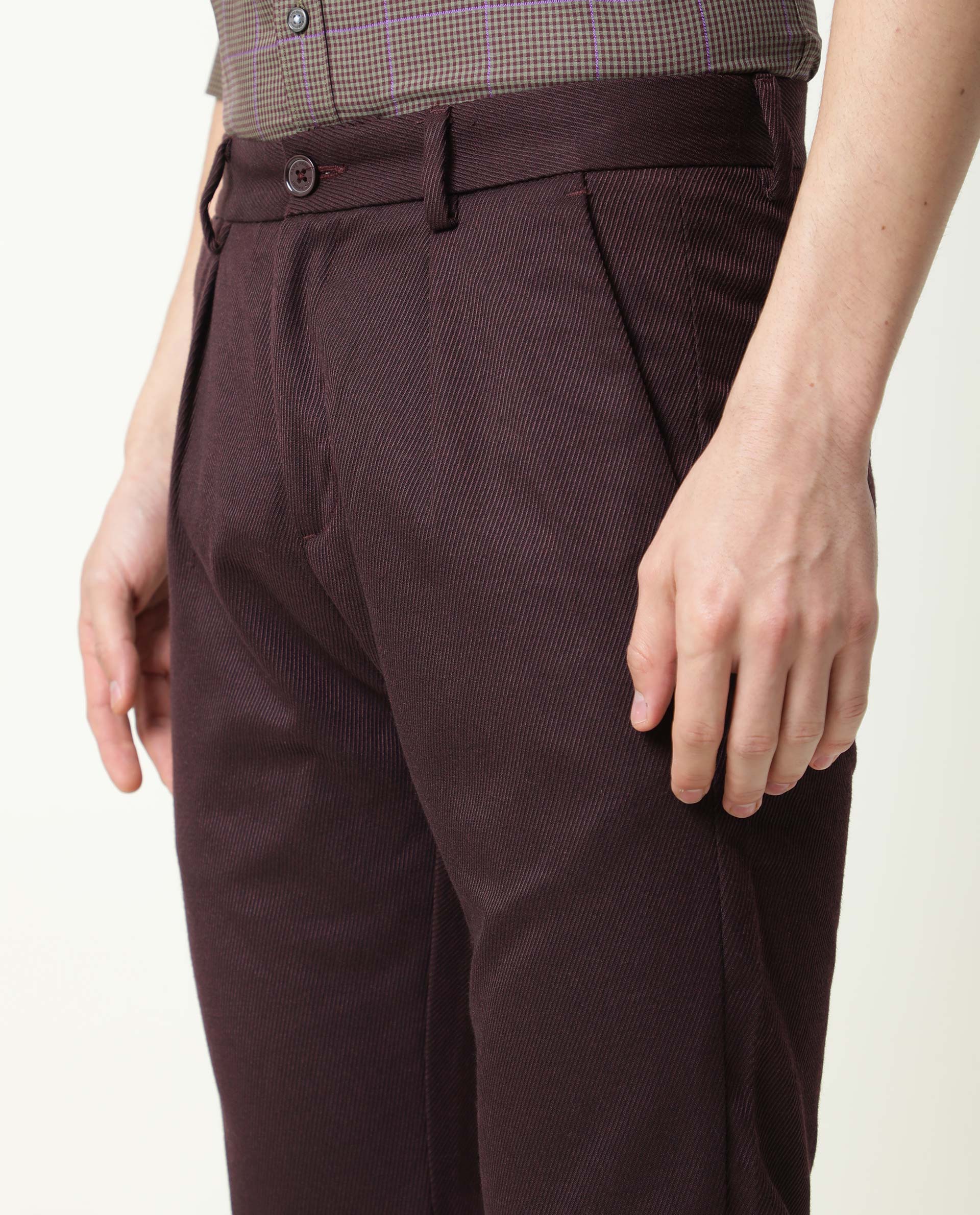 Rare Rabbit Men's Edit Dark Maroon Poly Viscose Fabric Slim Fit Button & Zip Closure Trouser