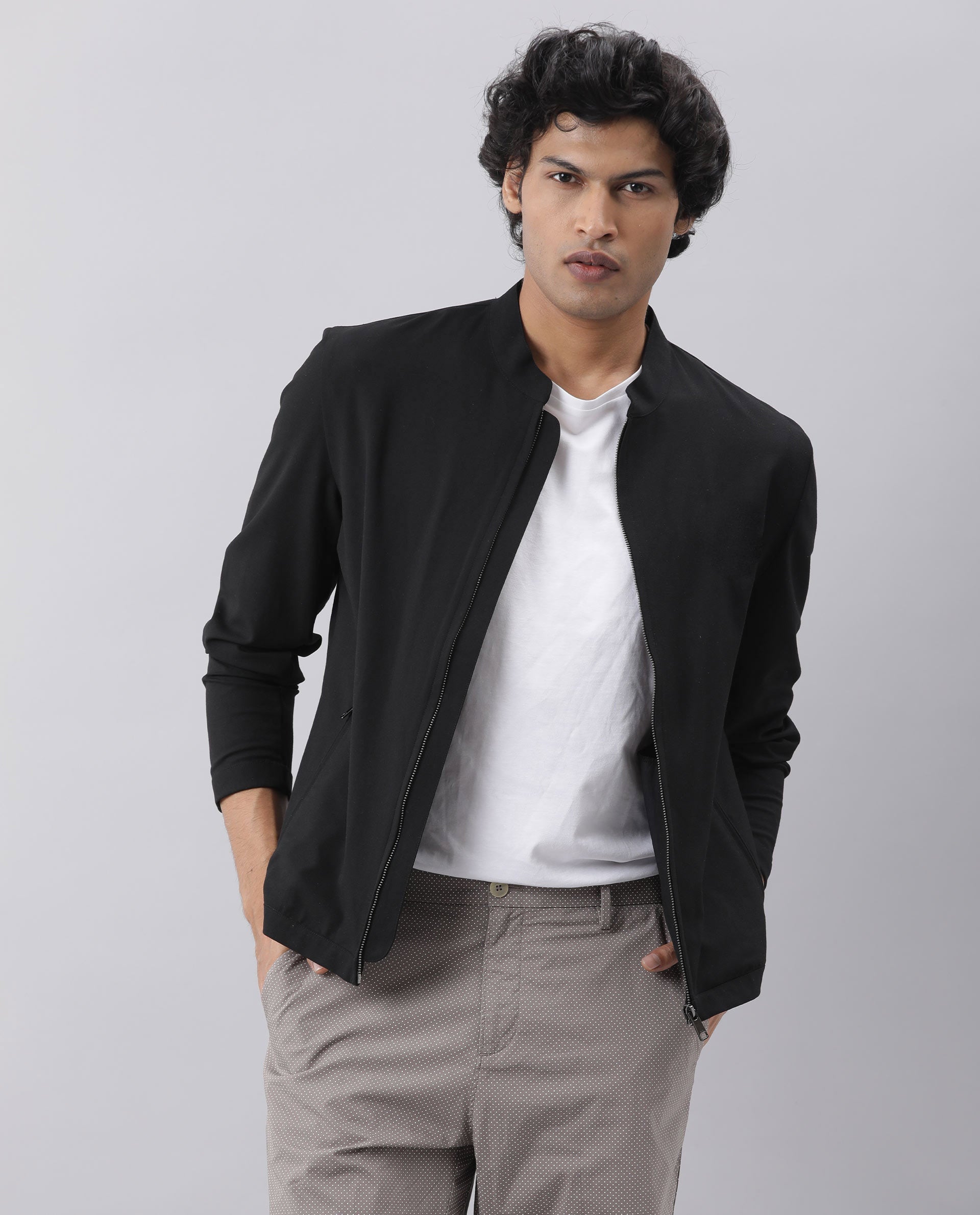 RARE RABBIT MEN'S SIGN-2 BLACK JACKET POLYESTER VISCOSE FABRIC MANDARIN COLLAR FULL SLEEVES ZIPPER CLOSURE SLIM FIT