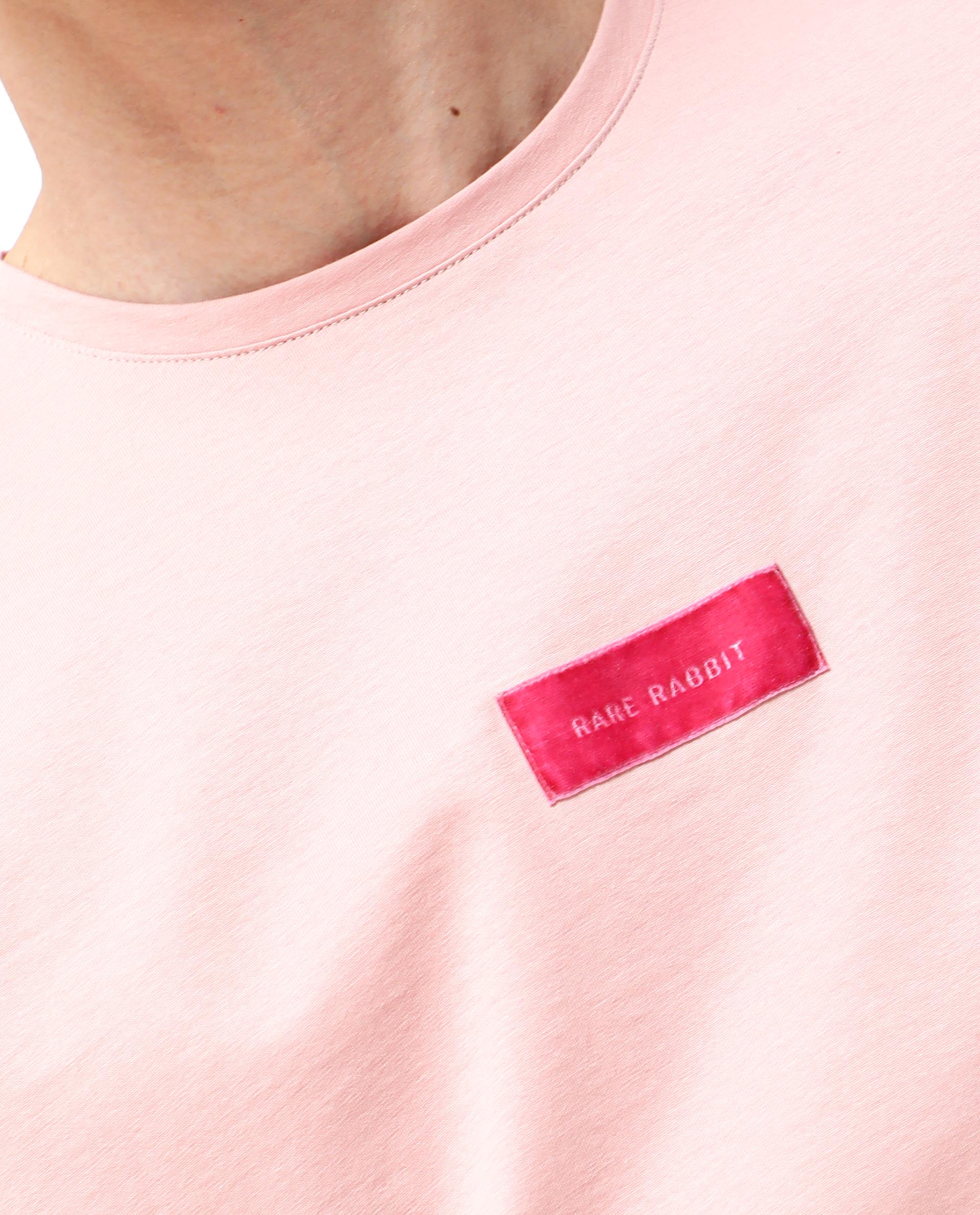 Rare Rabbit Men's Trix Peach Cotton Fabric Crew Neck Half Sleeves Slim Fit Velvet Badge Solid T-Shirt