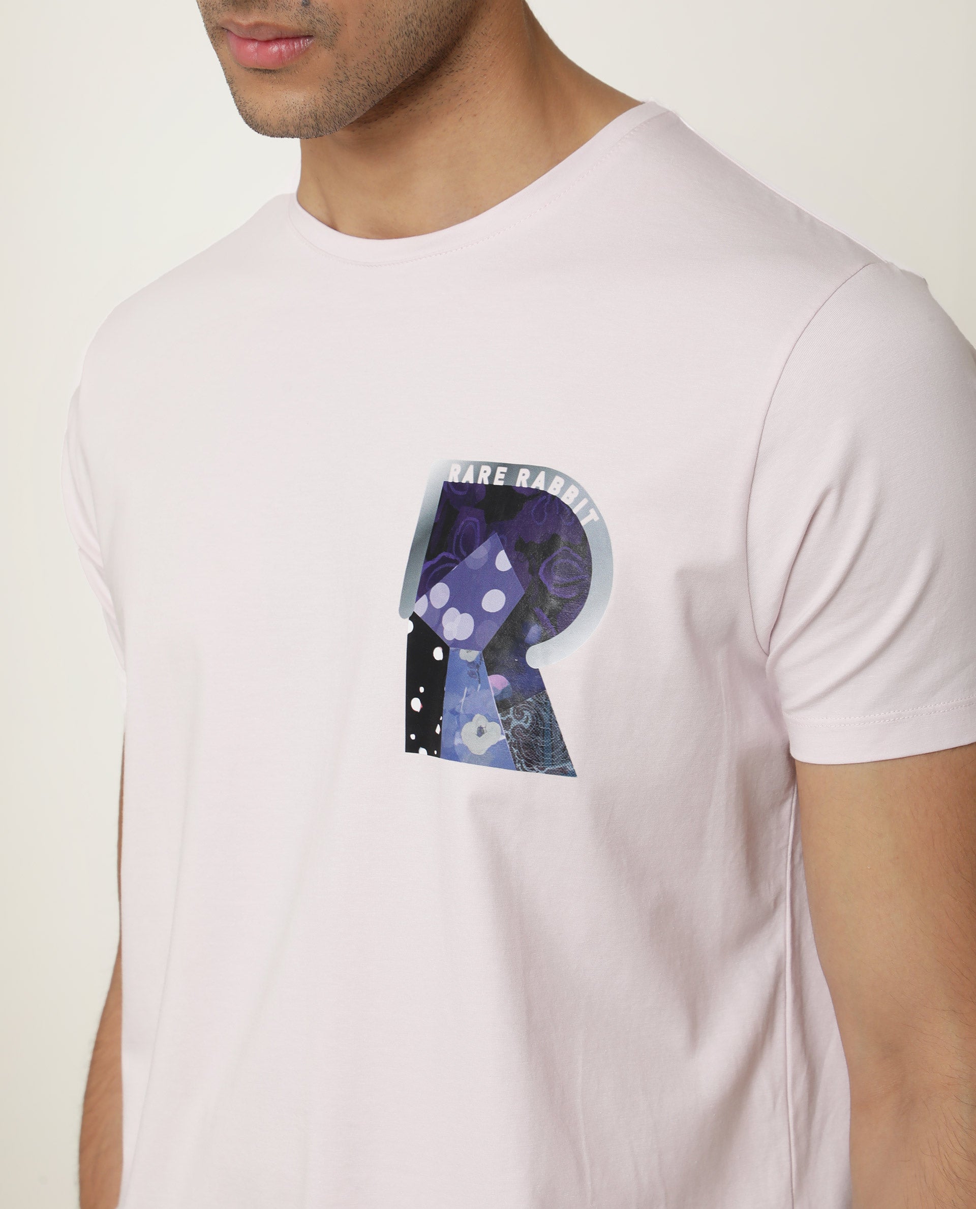 Rare Rabbit Men's Roseta Pink Cotton Lycra Fabric Crew Neck Half Sleeves Regular Fit Abstract Graphic Print T-shirt