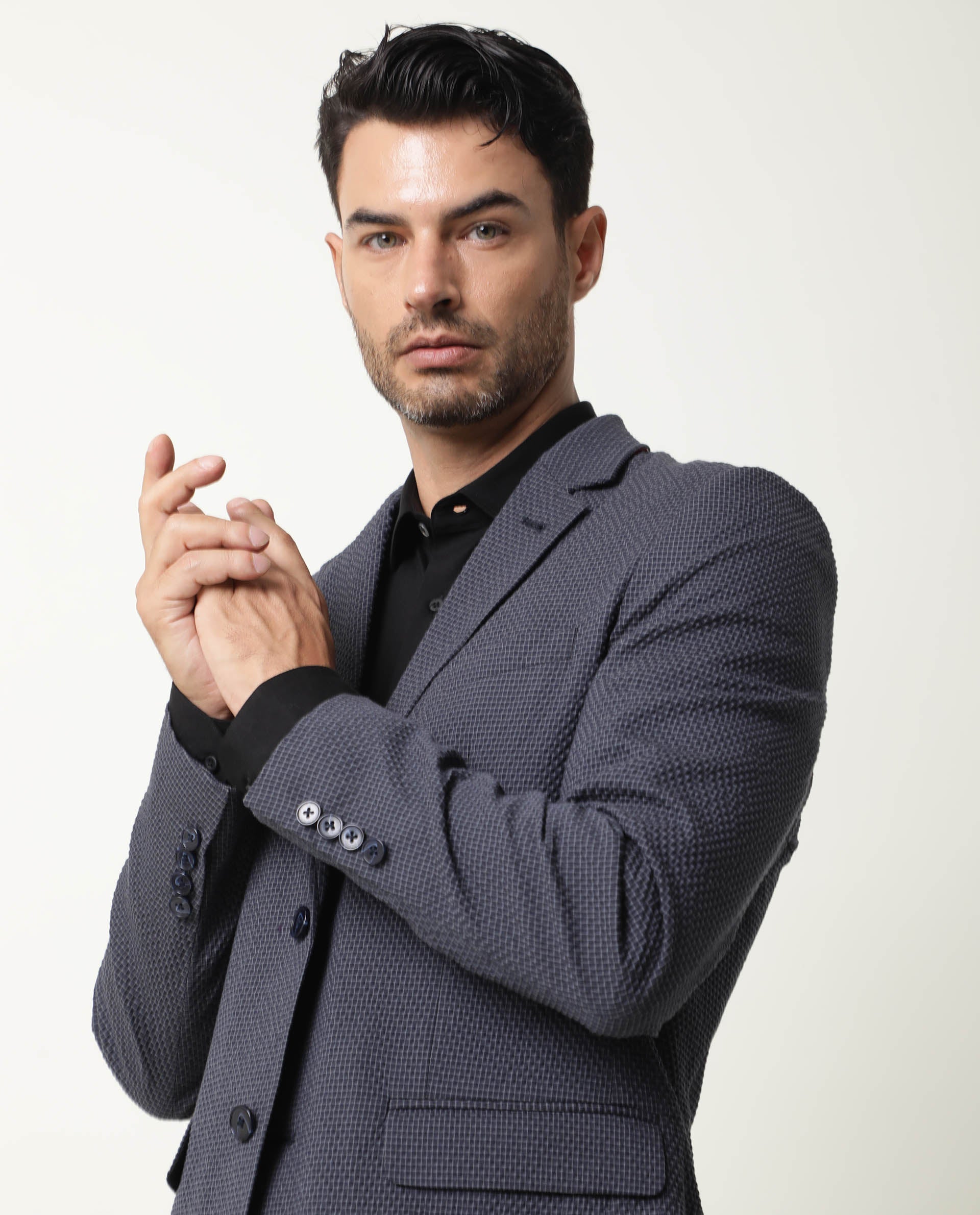 Rare Rabbit Men's Alps Navy Cotton Polyester Fabric Notch Lapel Single Breasted Slim Fit Micro Check Seer Sucker Blazer