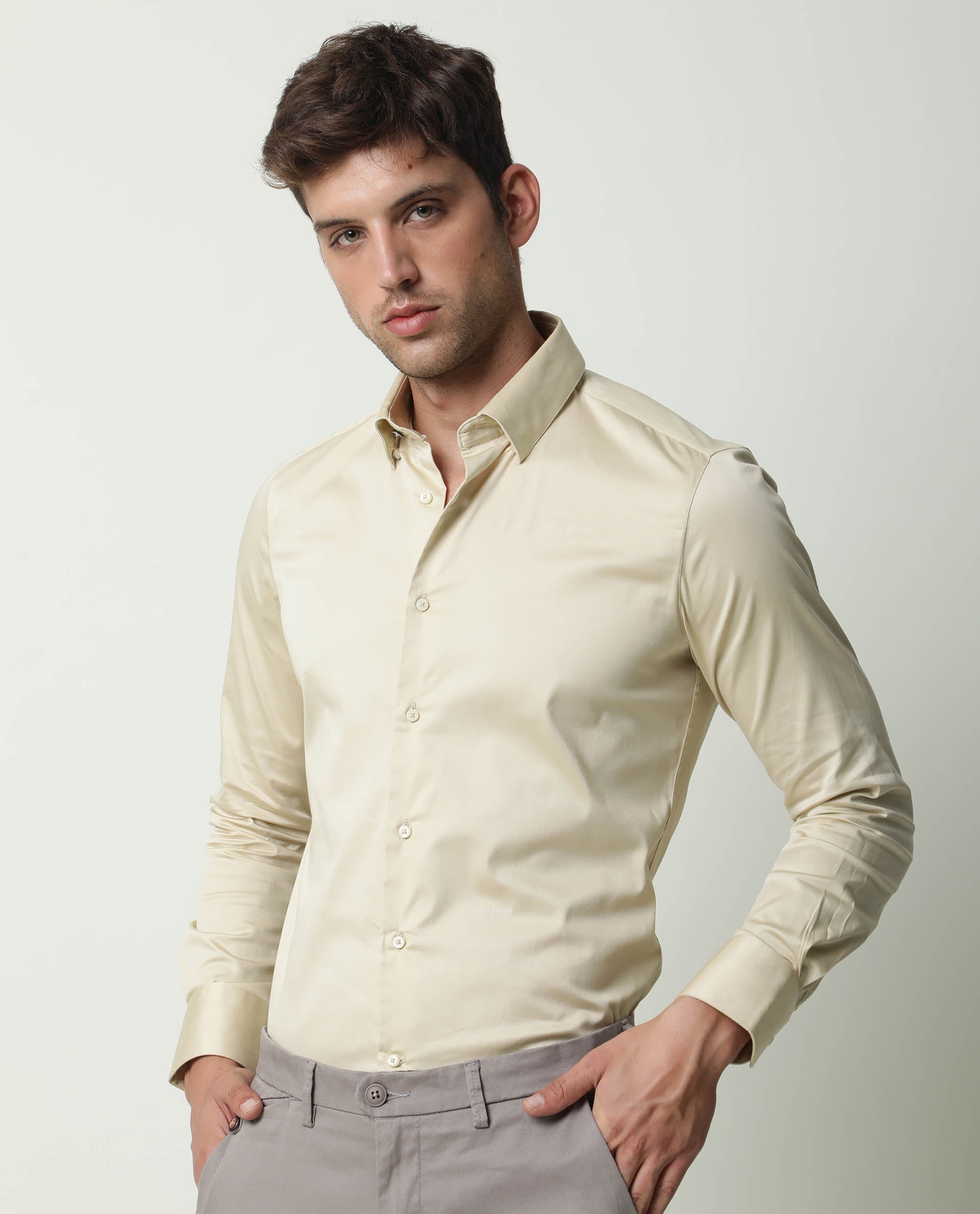 Rare Rabbit Men's Como Beige Satin Plain Regular Fit Full Sleeve Colla