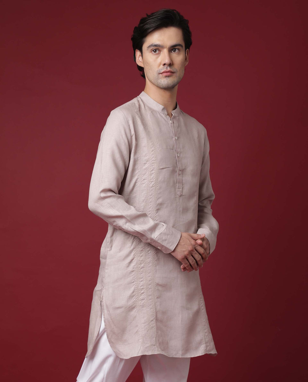 Rare Rabbit President Primary Beige  Linen Fabric Full Sleeve Mandarin Collar Slim Fit Kurta