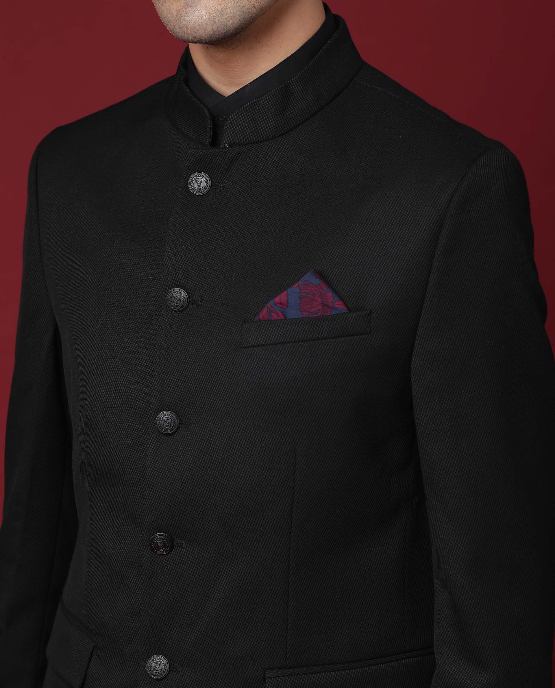 Rare Rabbit Men's Edit Band Black Mandarin Collar Tailored Fit Twill Textured Bandhgala