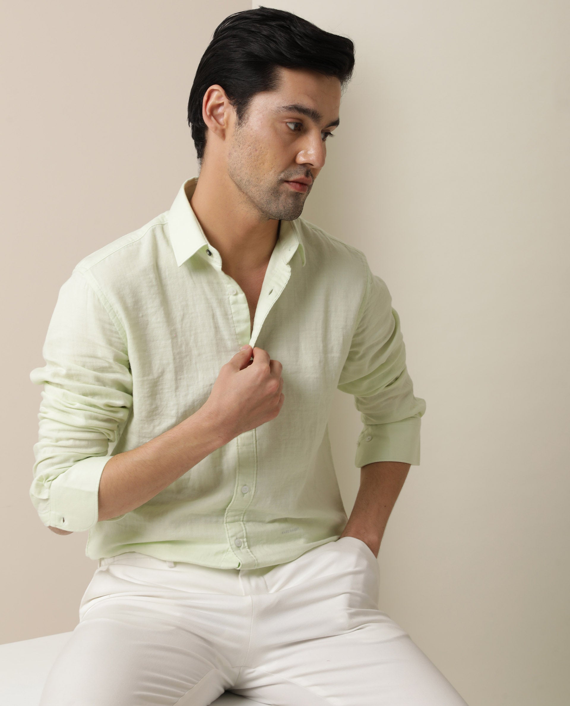 Rare Rabbit Men's Layerr Light Green Cotton Fabric Full Sleeves Solid Shirt