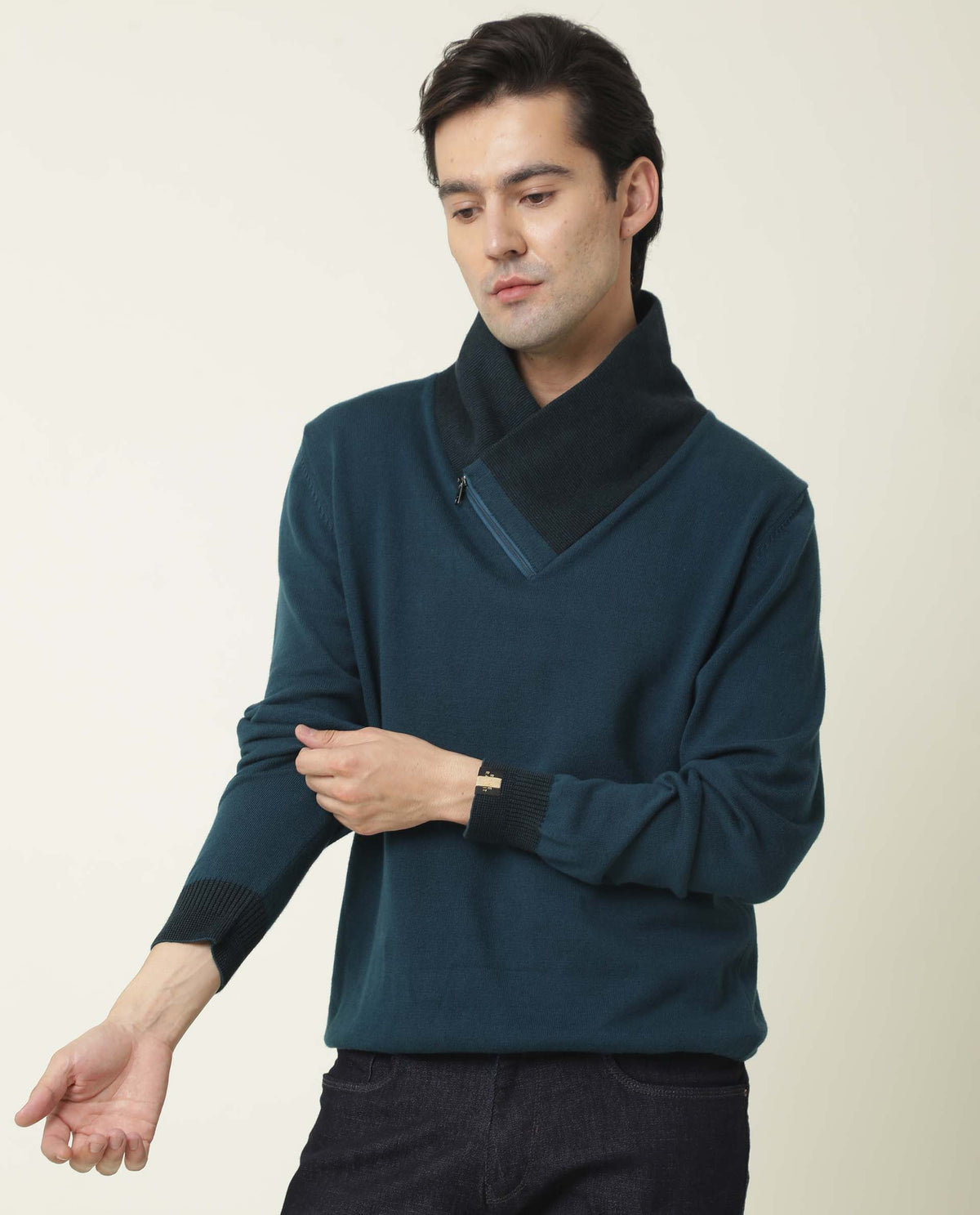 RARE RABBIT MEN'S DENVER PETROL PULLOVER COTTON FABRIC COWL NECK FULL SLEEVES ZIPPER CLOSURE SLIM FIT