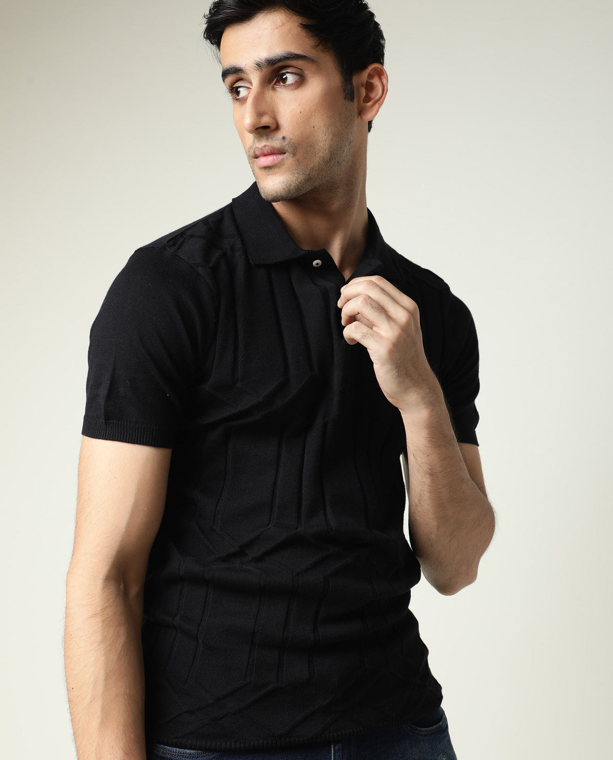 RARE RABBIT MEN'S LINK BLACK POLO COTTON FABRIC COLLARED NECK HALF SLEEVES BUTTON CLOSURE SLIM FIT