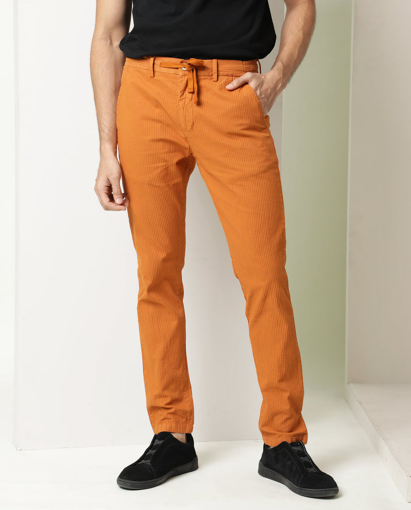 Rare Rabbit Men's Monter Orange Stripe Dobby Mid-Rise With Drawstring And Elastic Waistband Regular Fit Trouser