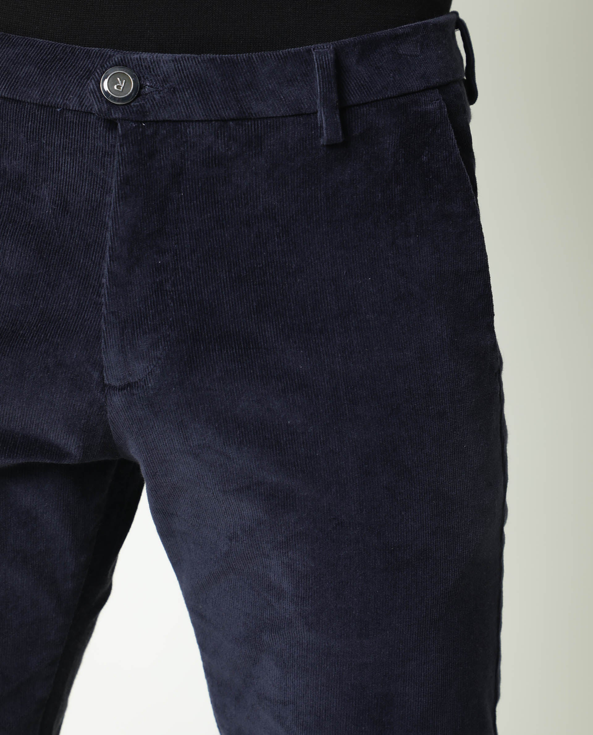 Rare Rabbit Men's Croc Navy Mid-Rise Regular Fit Premium Velvet Trouser