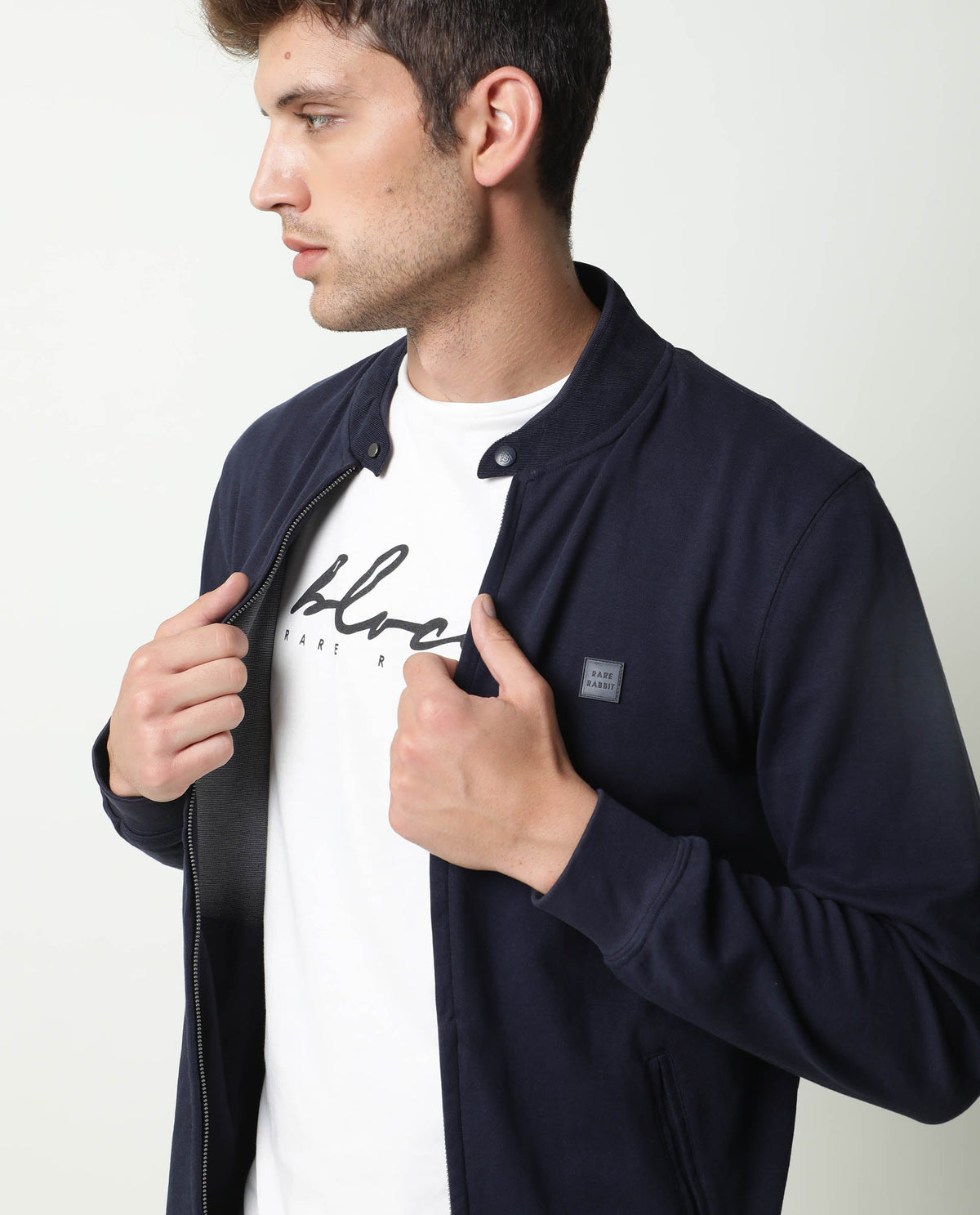 Rare Rabbit Men's Morris Navy Plain Cotton Knit Jacket