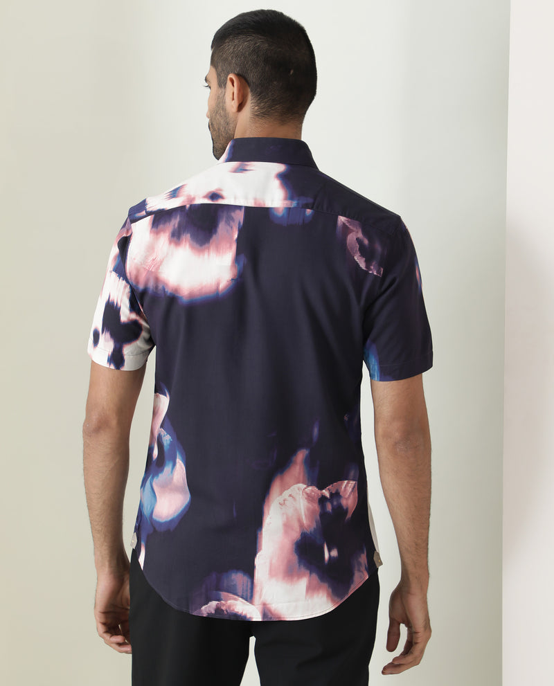 Rare Rabbit Men's Torio Navy Viscose Fabric Abstract Floral Print Half Sleeves Shirt