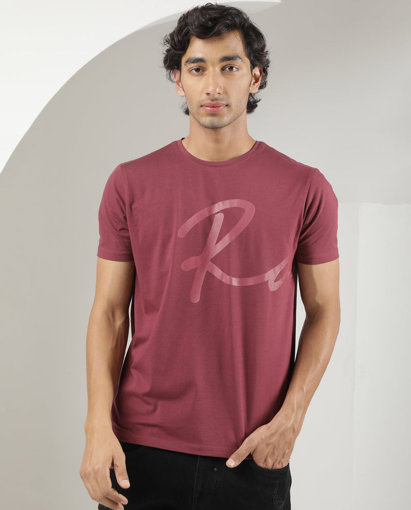Rare Rabbit Men's Stamp Dark Pink Cotton Lycra Fabric Crew Neck Half Sleeves Regular Fit Graphic Print Branding T-Shirt
