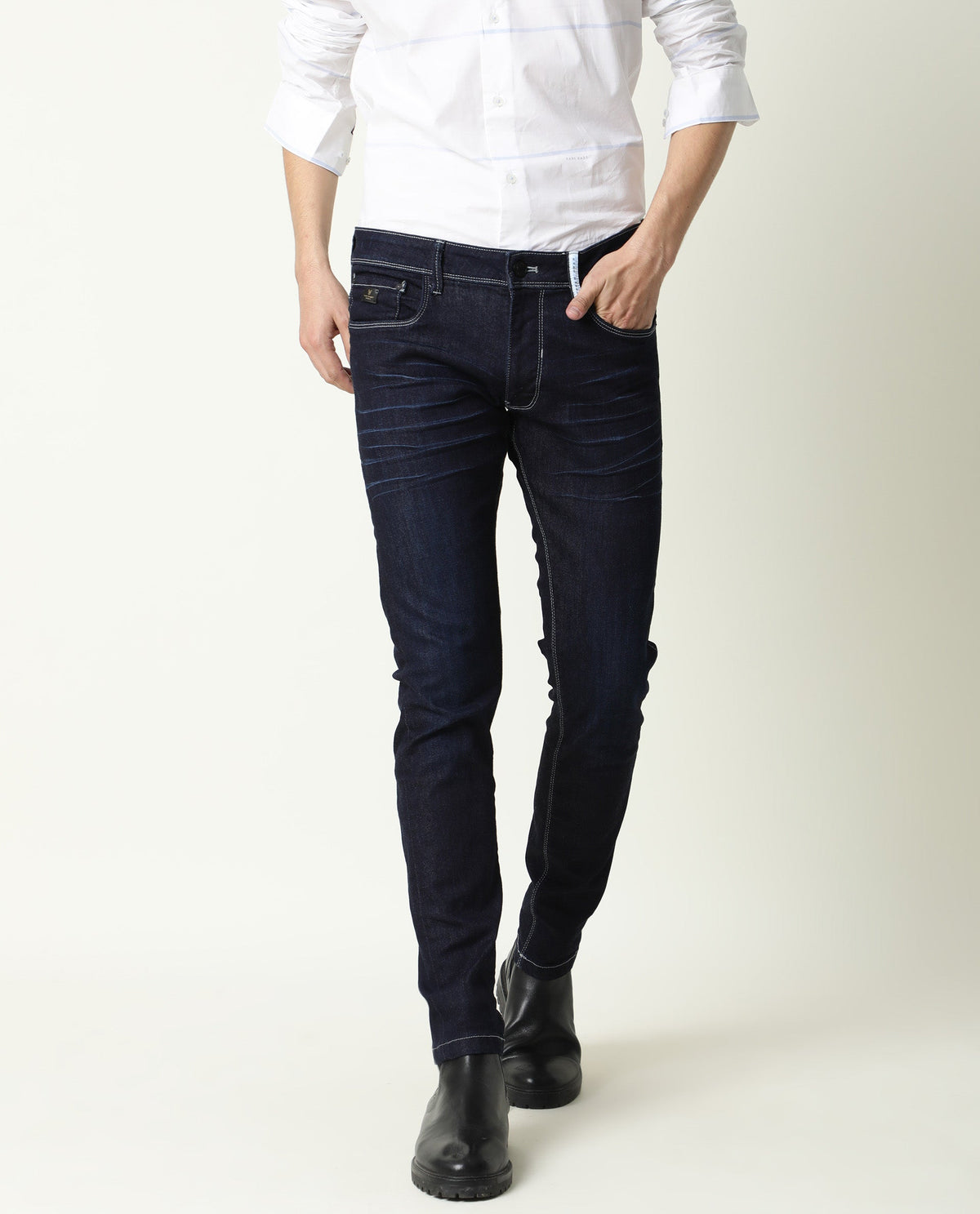 Rare Rabbit Men's Neo Blue Mid-Rise Dark Wash Slim Fit Jeans