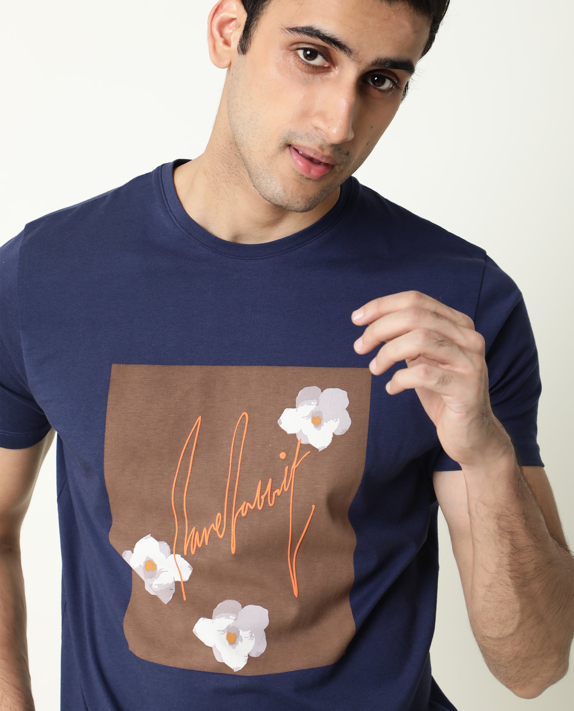Rare Rabbit Men's Tule Navy Cotton Fabric Crew Neck Half Sleeves Regular Fit Floral Graphic Printed T-Shirt