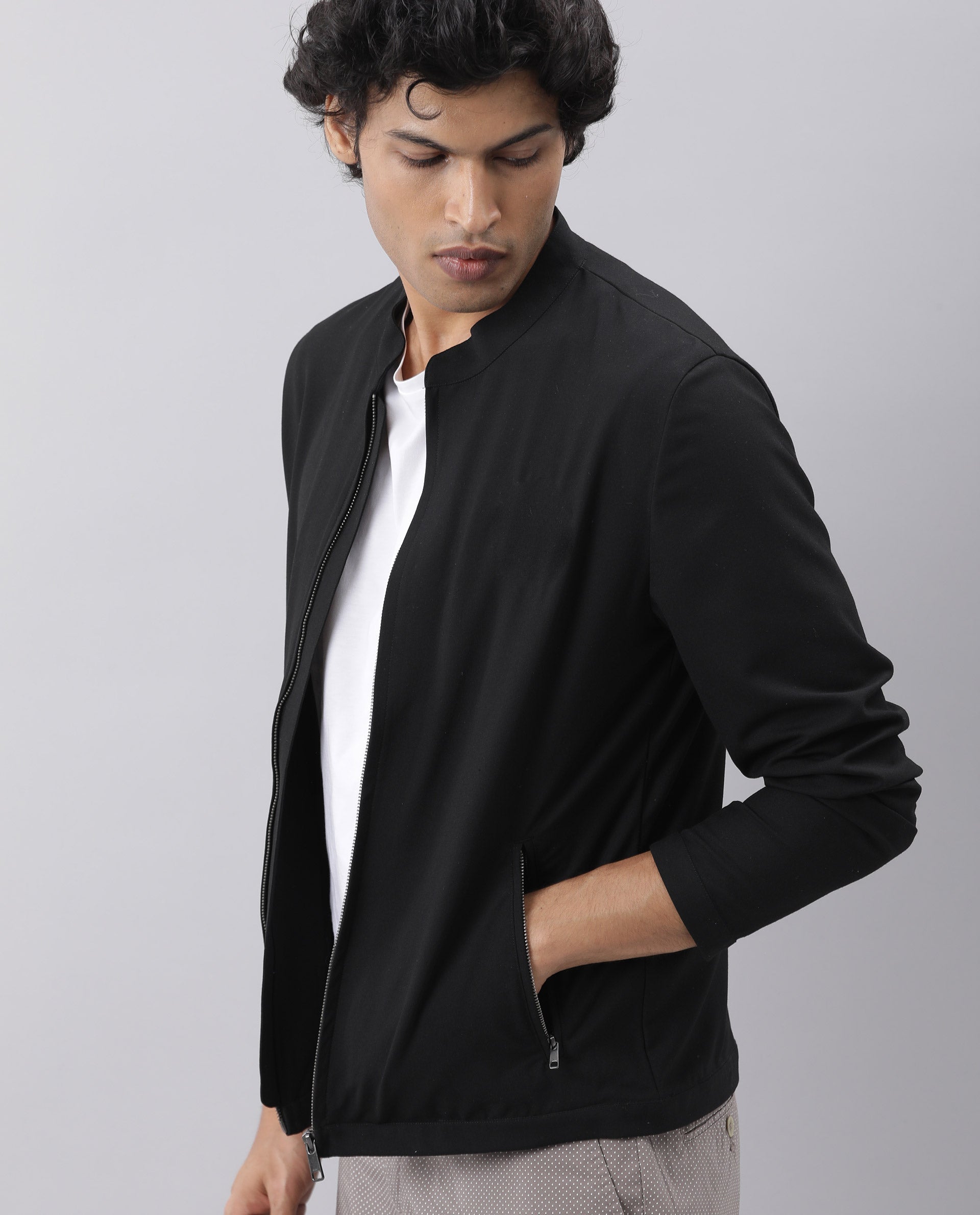 RARE RABBIT MEN'S SIGN-2 BLACK JACKET POLYESTER VISCOSE FABRIC MANDARIN COLLAR FULL SLEEVES ZIPPER CLOSURE SLIM FIT