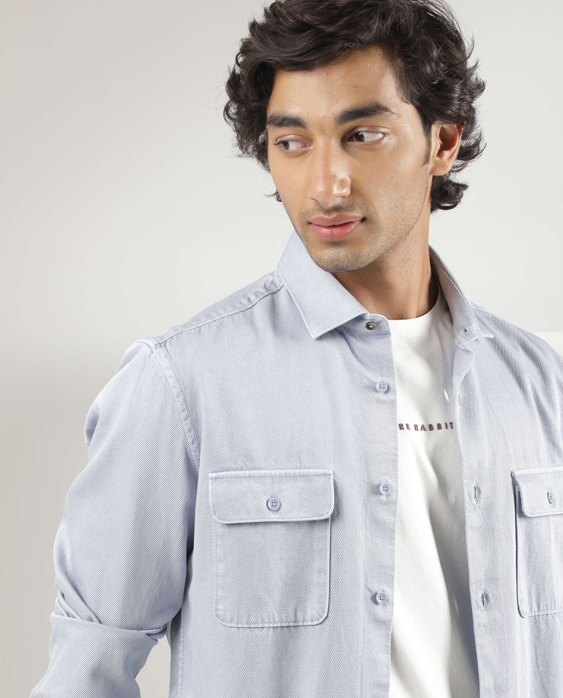Rare Rabbit Men's Lyton Pastel Blue Cotton Fabric Full Sleeves Solid Twill Shirt