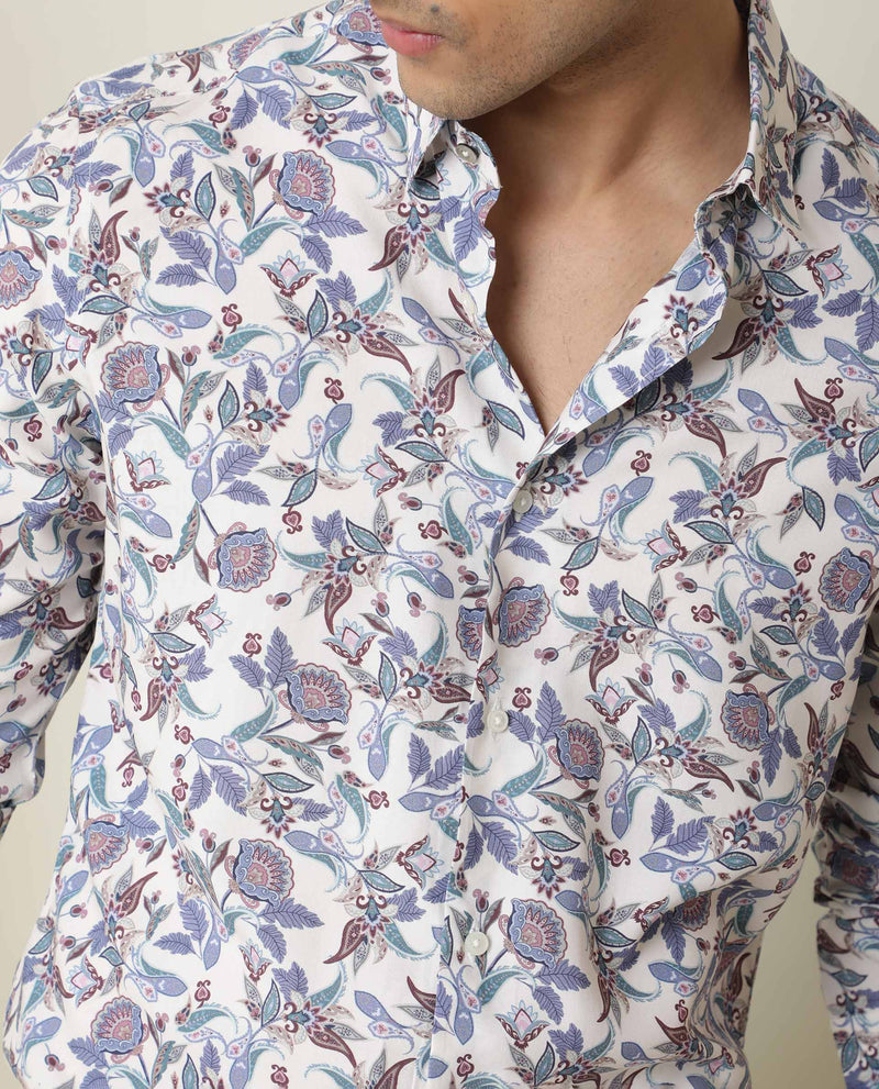 Rare Rabbit Men's Drakee White Cotton Fabric Floral Print Full Sleeves