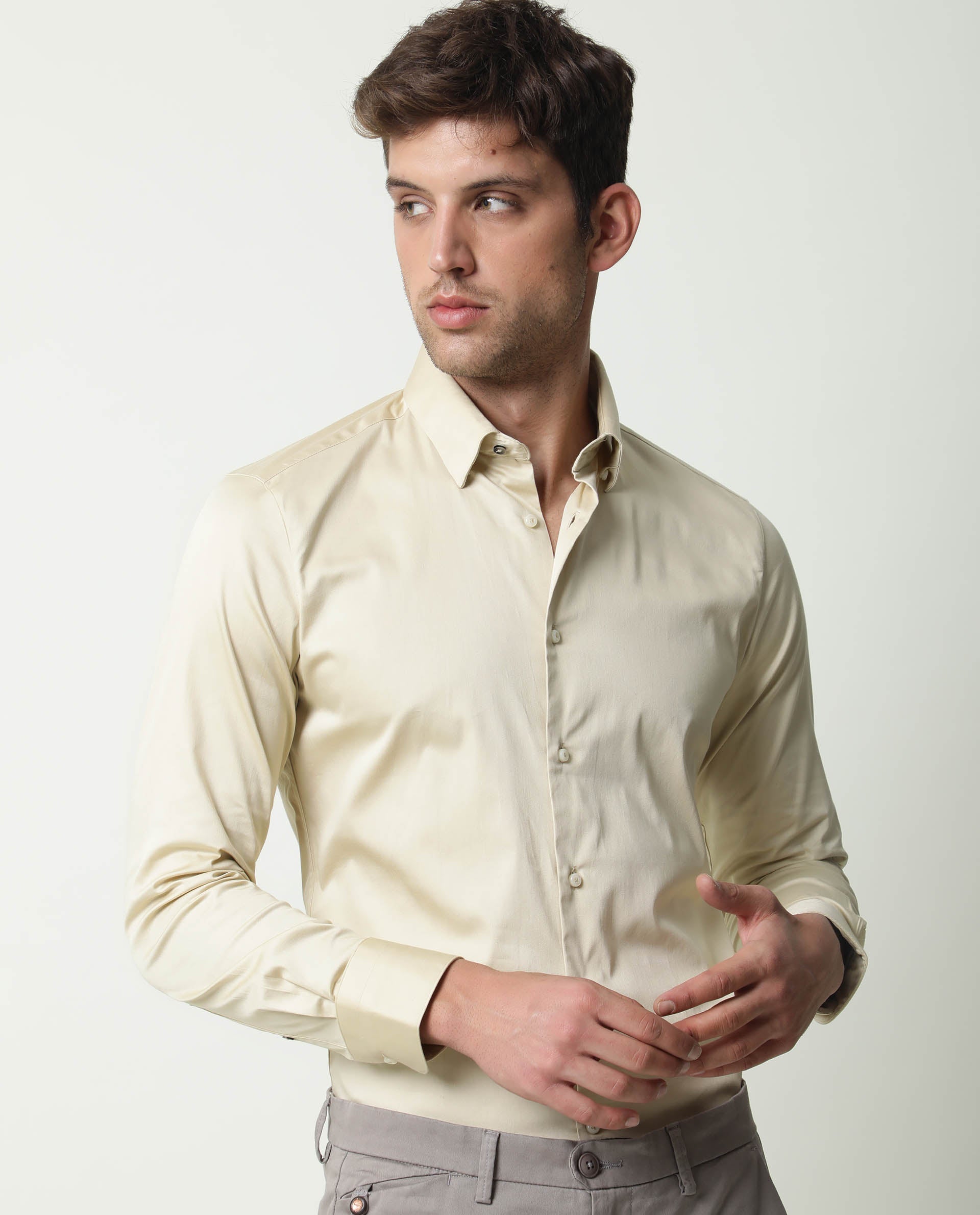 Rare Rabbit Men's Como Beige Satin Fabric Button Down Collar Full Sleeves Solid Formal Shirt