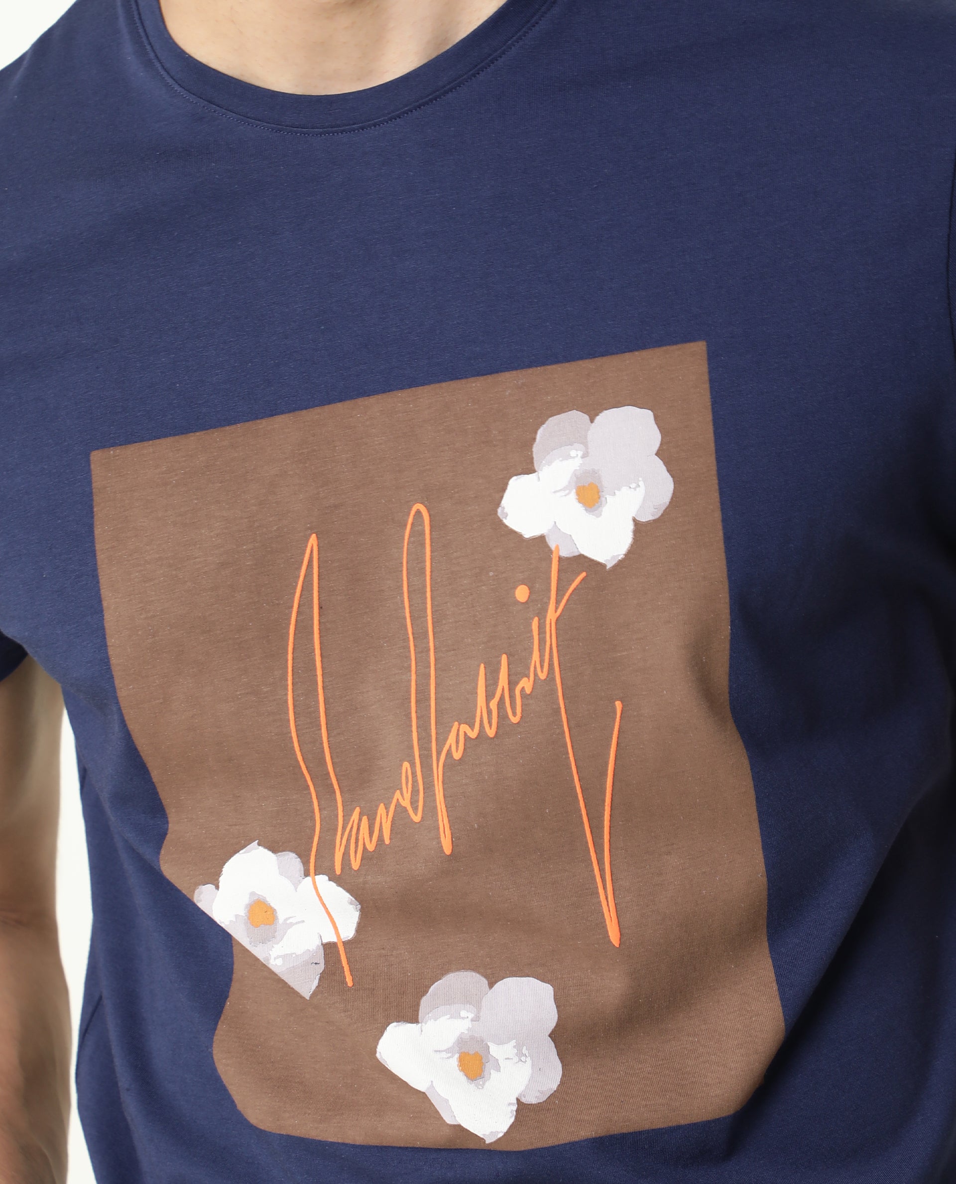 Rare Rabbit Men's Tule Navy Cotton Fabric Crew Neck Half Sleeves Regular Fit Floral Graphic Printed T-Shirt