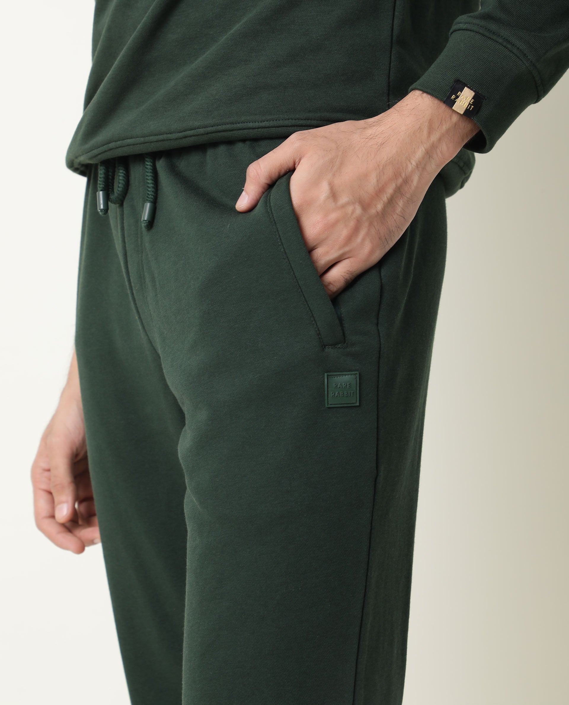 Rare Rabbit Arvon Dark Green Track Pant Cotton Poly Fabric Slim Fit Drawsting Closure