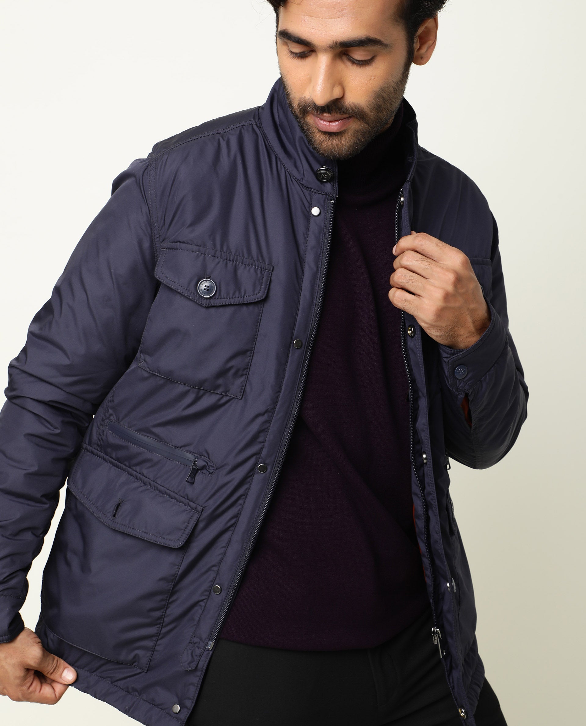 Rare Rabbit Men's Mass Navy Plain Stand Collar Puffed Jacket