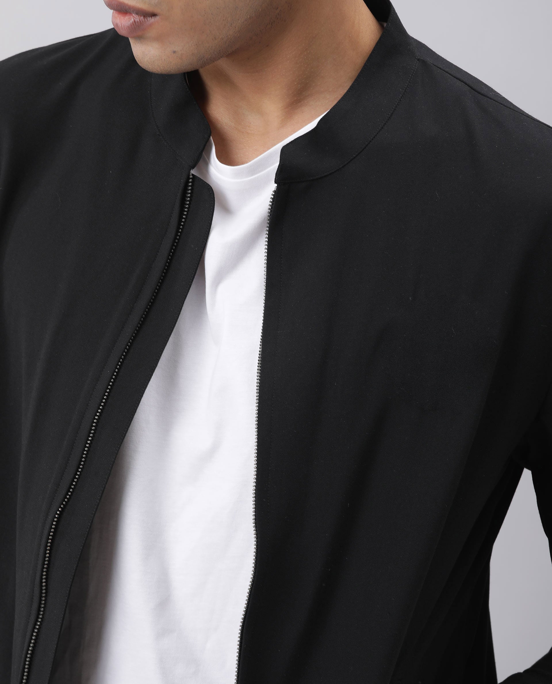 RARE RABBIT MEN'S SIGN-2 BLACK JACKET POLYESTER VISCOSE FABRIC MANDARIN COLLAR FULL SLEEVES ZIPPER CLOSURE SLIM FIT