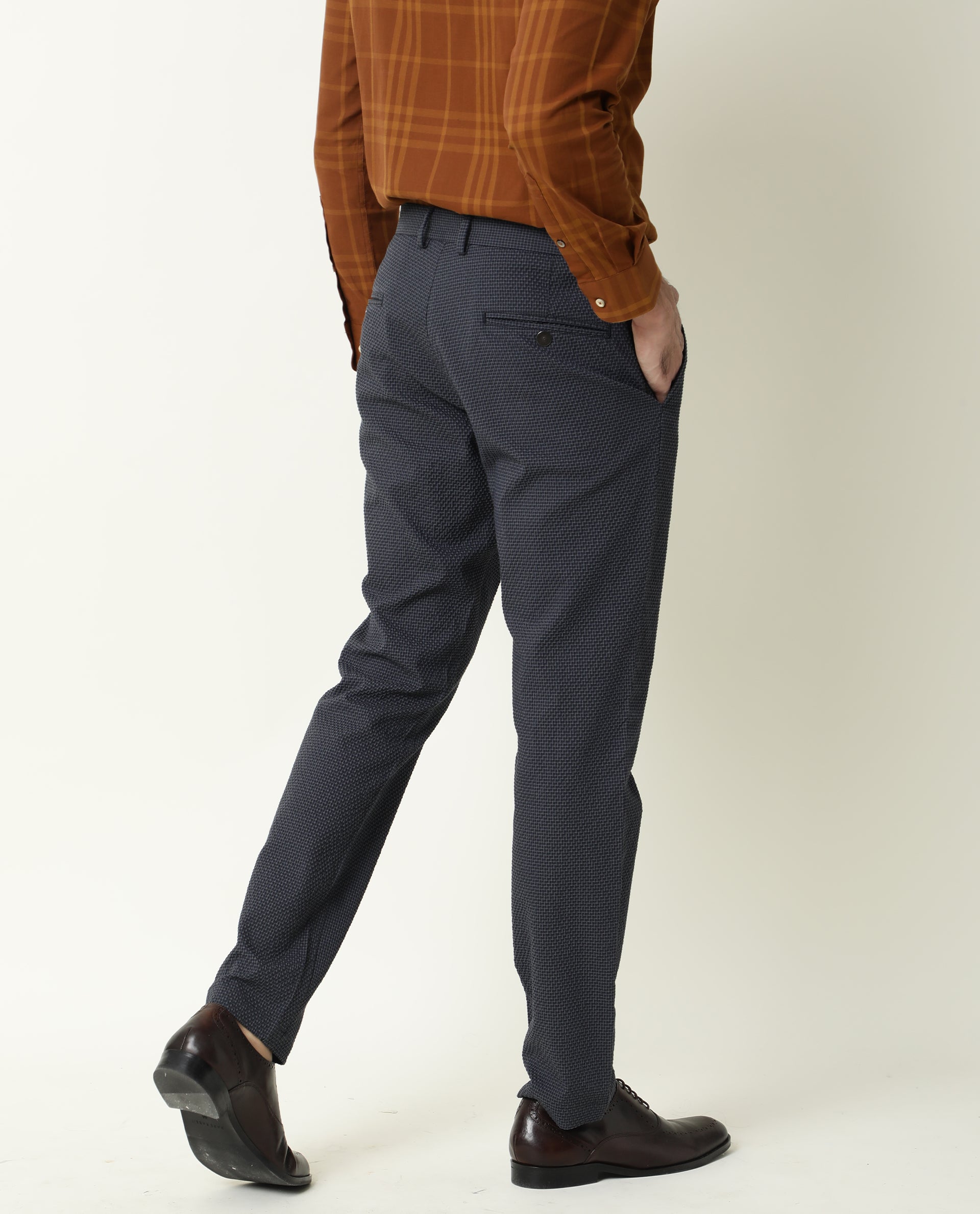 Rare Rabbit Men's Albion Navy Mid-Rise Regular Fit Classic Check Trouser