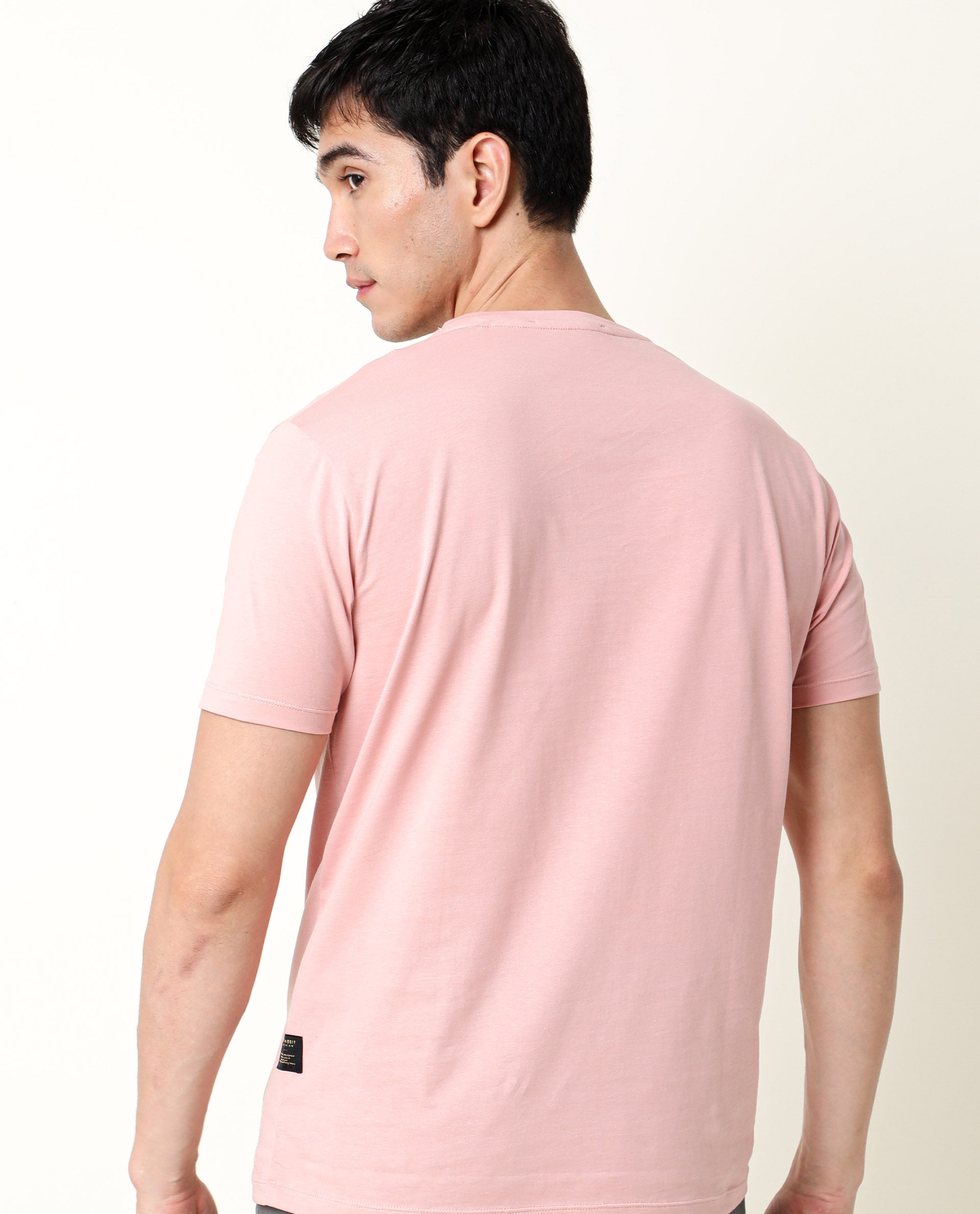 Rare Rabbit Men's Trix Peach Cotton Fabric Crew Neck Half Sleeves Slim Fit Velvet Badge Solid T-Shirt